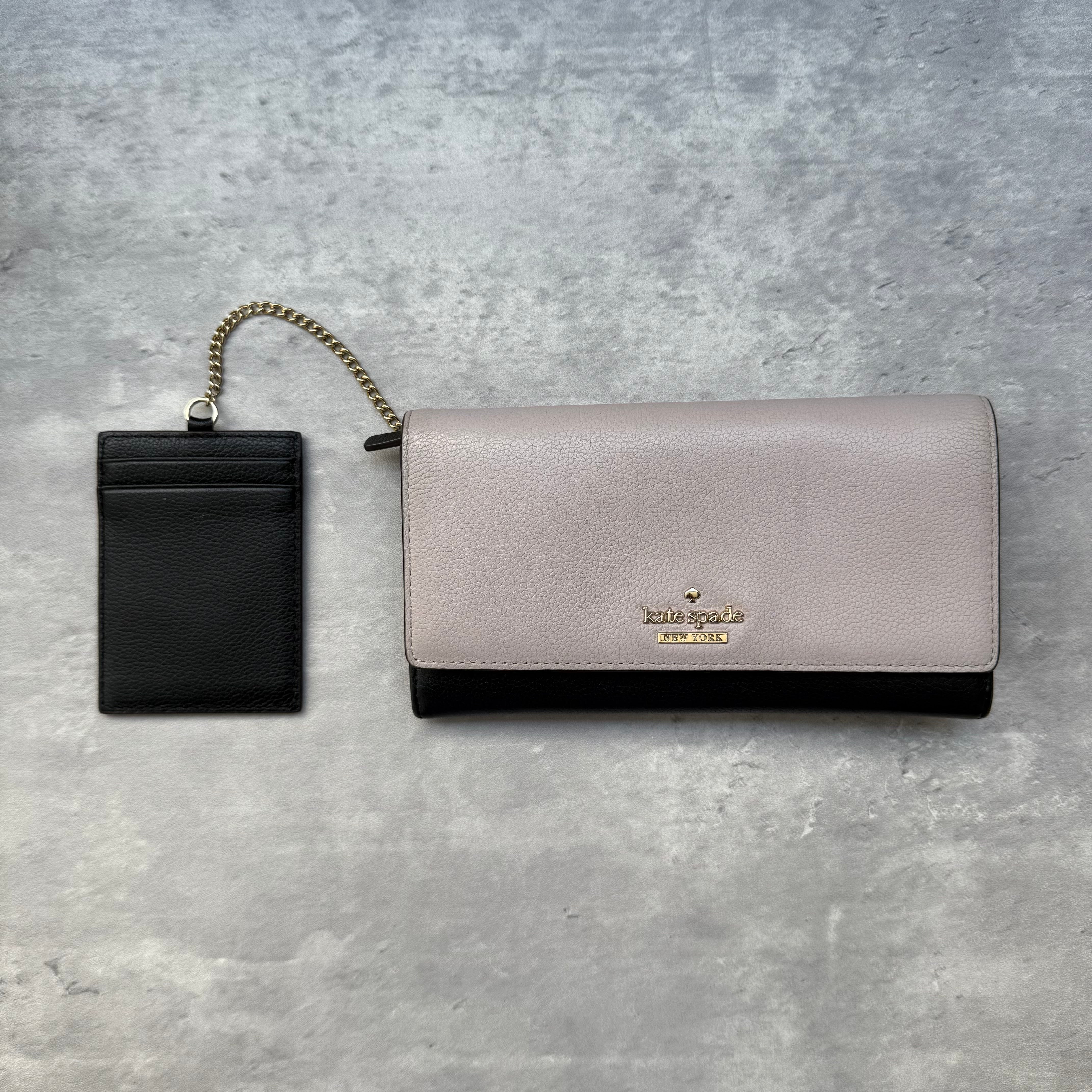 Kate Spade Staci Colorblock Long Wallet in light purple and black leather with detachable chain cardholder and striped lining.