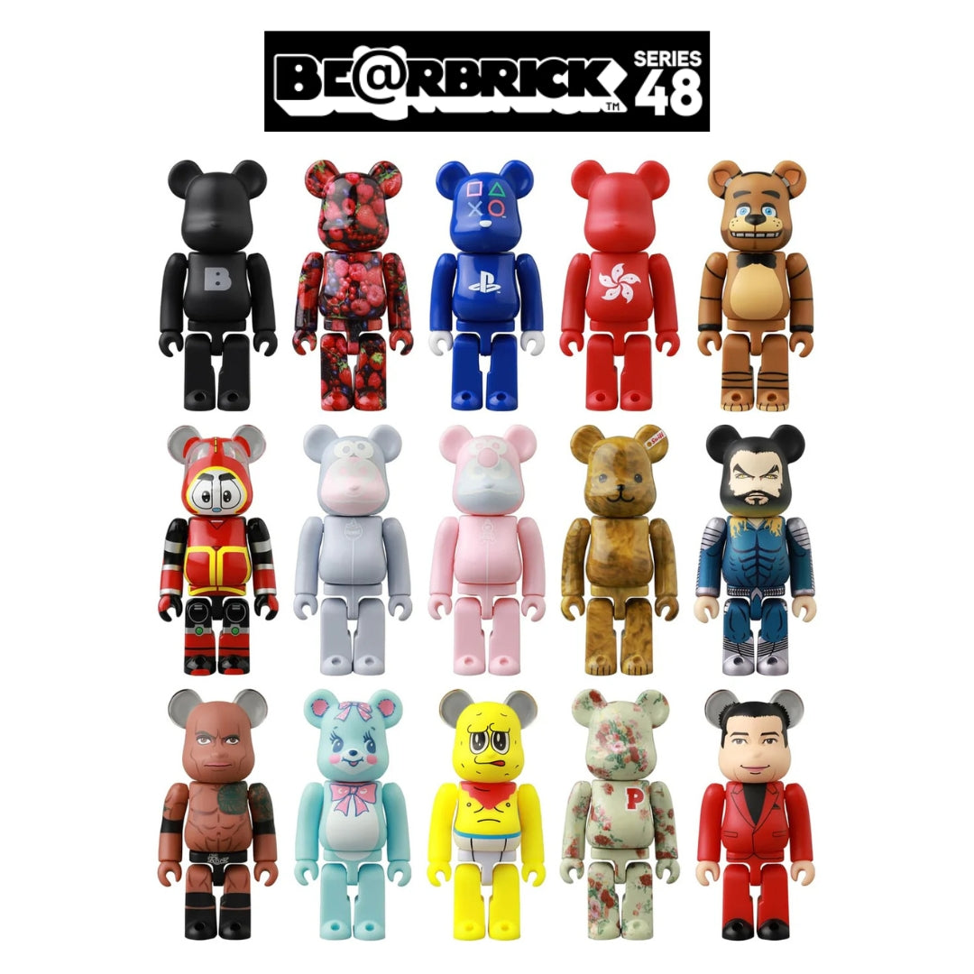 Medicom BE@RBRICK Series 48 lineup featuring 15 collectible 100% figures, including pop culture, floral, and character designs.