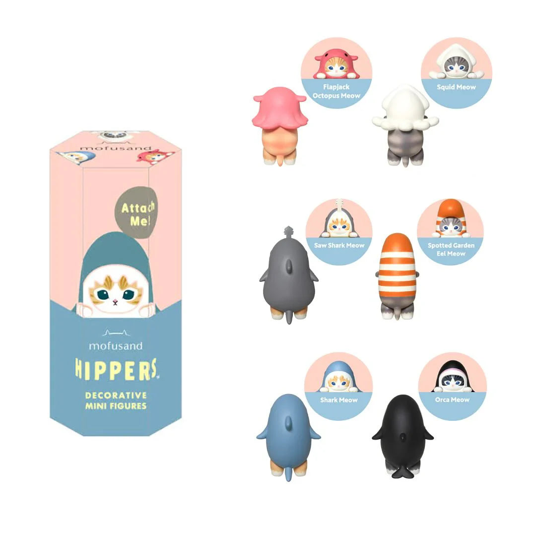 Mofusand Hippers Decorative Mini Figures with cat characters in ocean-themed costumes including Shark Meow and Crab Meow
