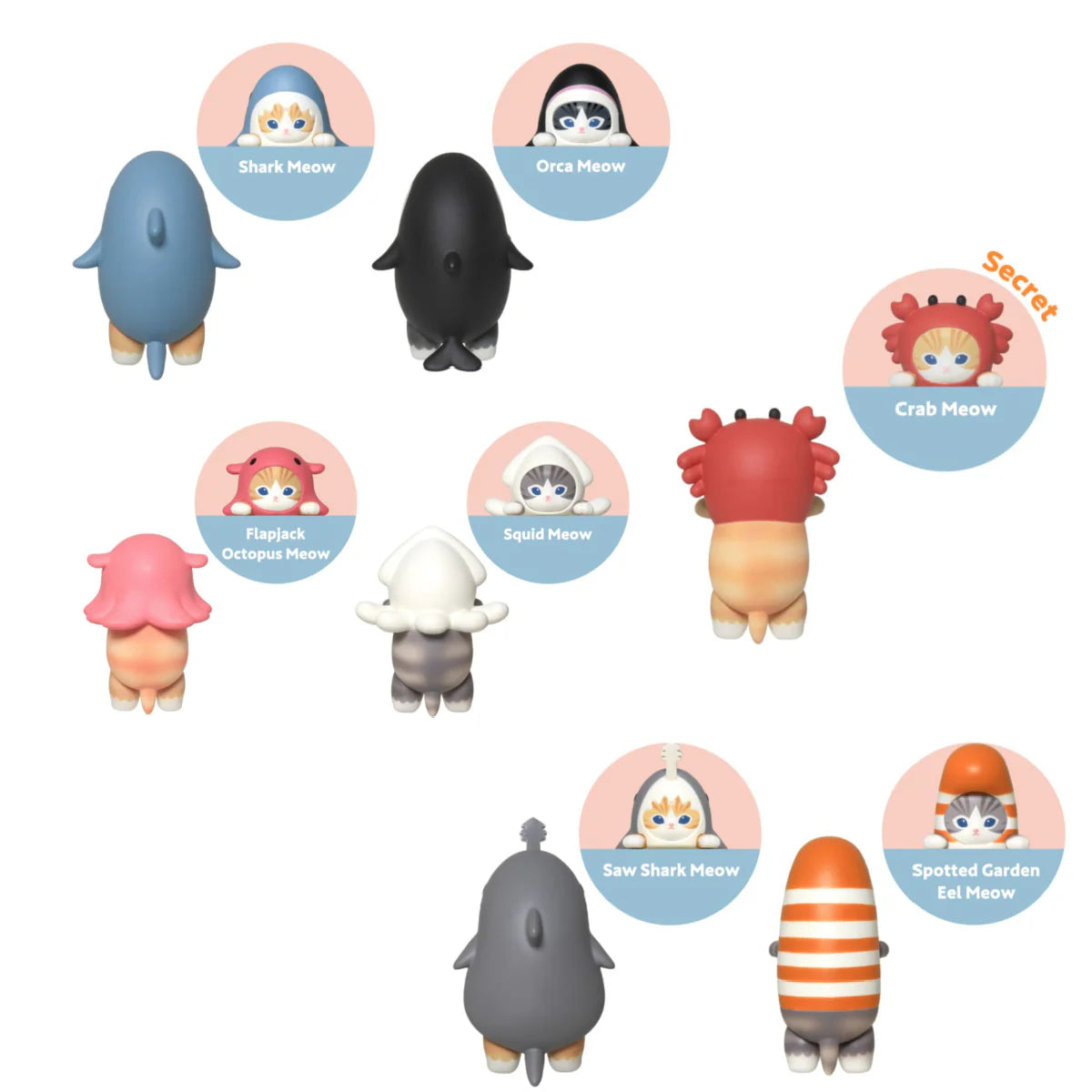 Mofusand Hippers Decorative Mini Figures with cat characters in ocean-themed costumes including Shark Meow and Crab Meow