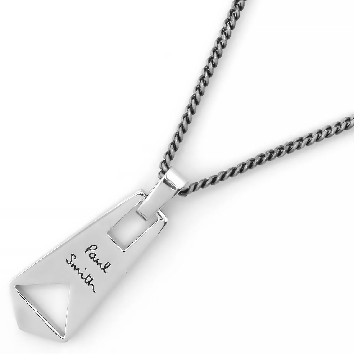 Paul Smith silver-tone unisex necklace with engraved zip puller pendant on an adjustable curb chain.