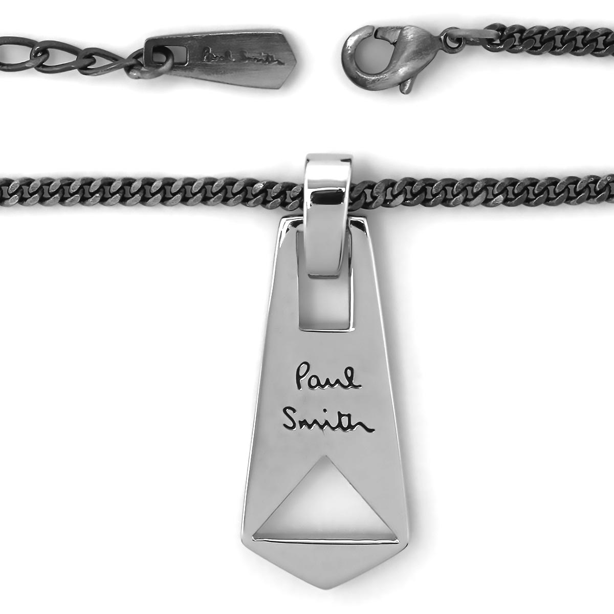 Paul Smith silver-tone unisex necklace with engraved zip puller pendant on an adjustable curb chain.
