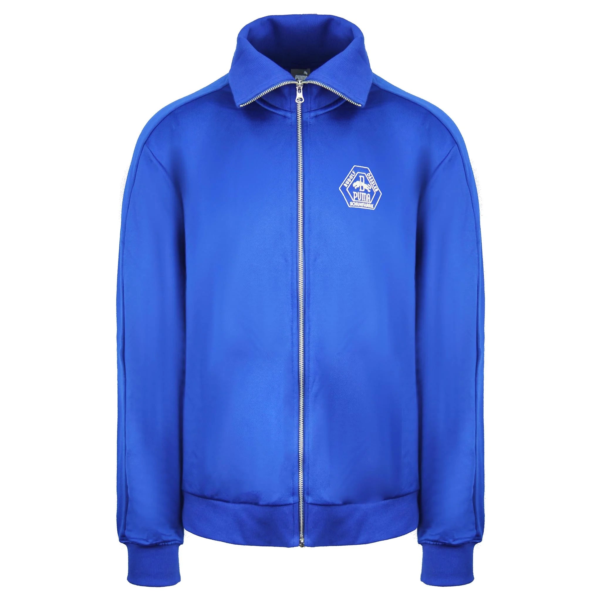 Puma x Rhugi Rudolf Dassler Logo Zip Up Track Jacket Blue, featuring embroidered logo, stand collar, and ribbed cuffs in royal blue poly-blend fabric