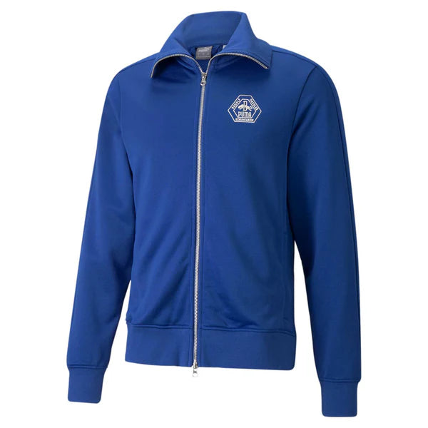 Puma x Rhugi Rudolf Dassler Logo Zip Up Track Jacket Blue, featuring embroidered logo, stand collar, and ribbed cuffs in royal blue poly-blend fabric