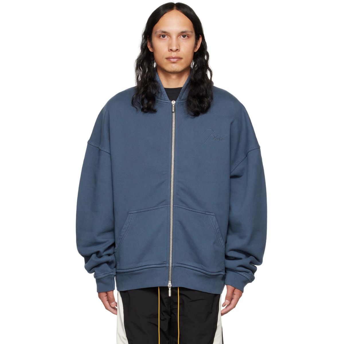 Rhude Blue Embroidered Hoodie with oversized fit, tonal chest and back embroidery, and dual zipper closure in heavyweight cotton fleece