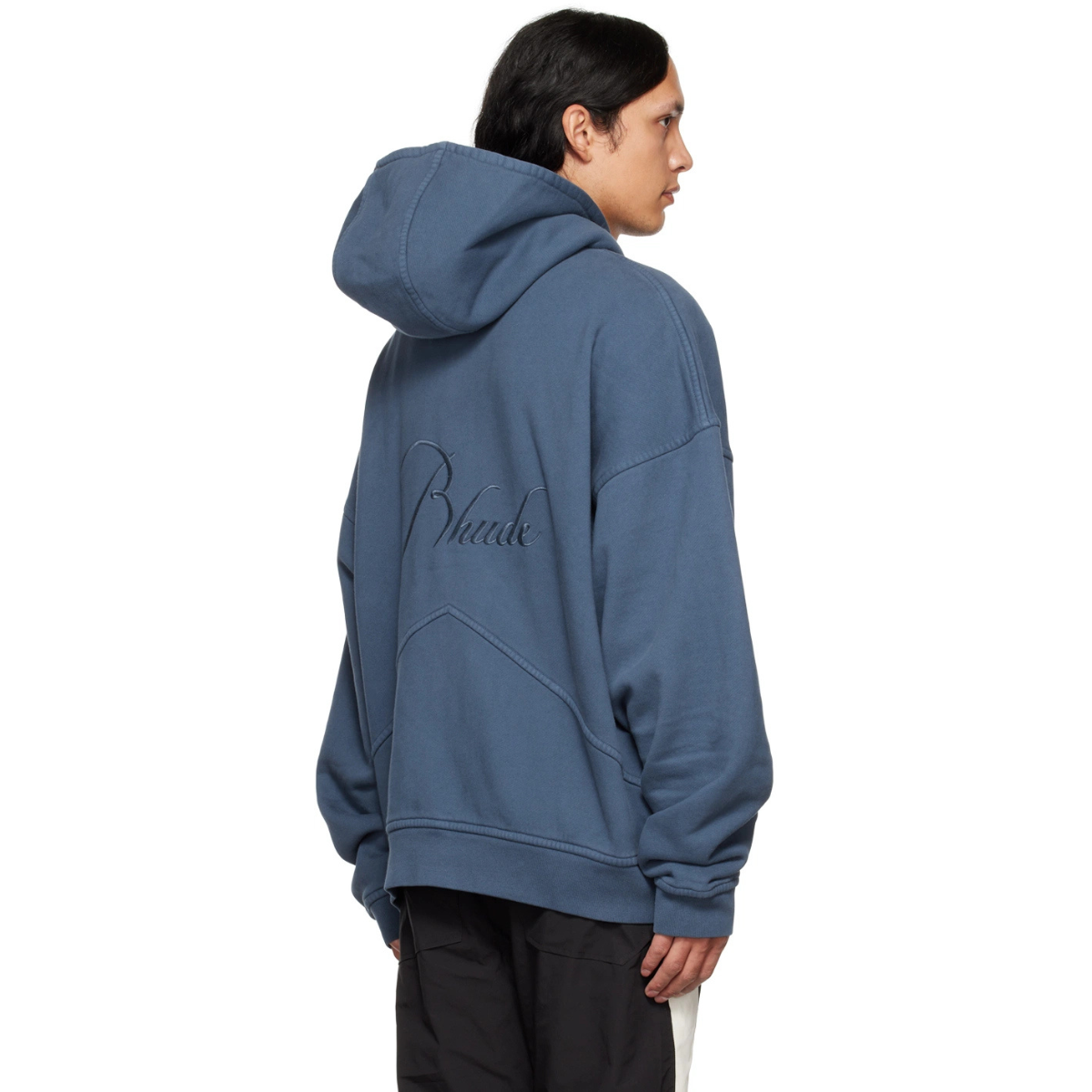 Rhude Blue Embroidered Hoodie with oversized fit, tonal chest and back embroidery, and dual zipper closure in heavyweight cotton fleece