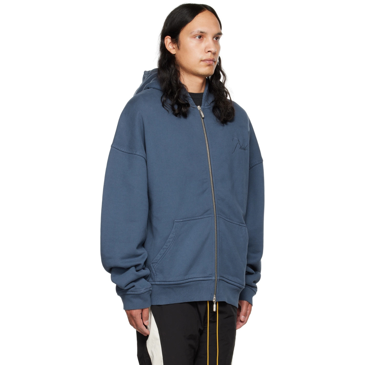 Rhude Blue Embroidered Hoodie with oversized fit, tonal chest and back embroidery, and dual zipper closure in heavyweight cotton fleece