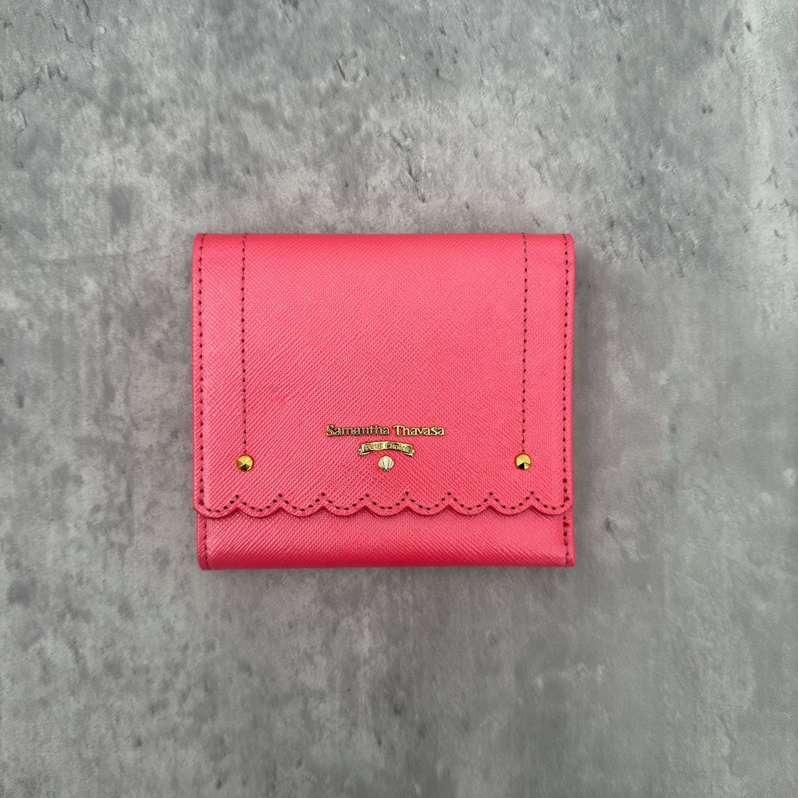 Samantha Thavasa Pink Leather Wallet with scalloped edges, gold-tone hardware, and structured bifold design.