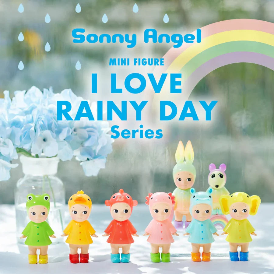 Sonny Angel I Love Rainy Day Series mini figures wearing colorful animal-themed raincoats and boots, displayed with flowers and soft background decor.