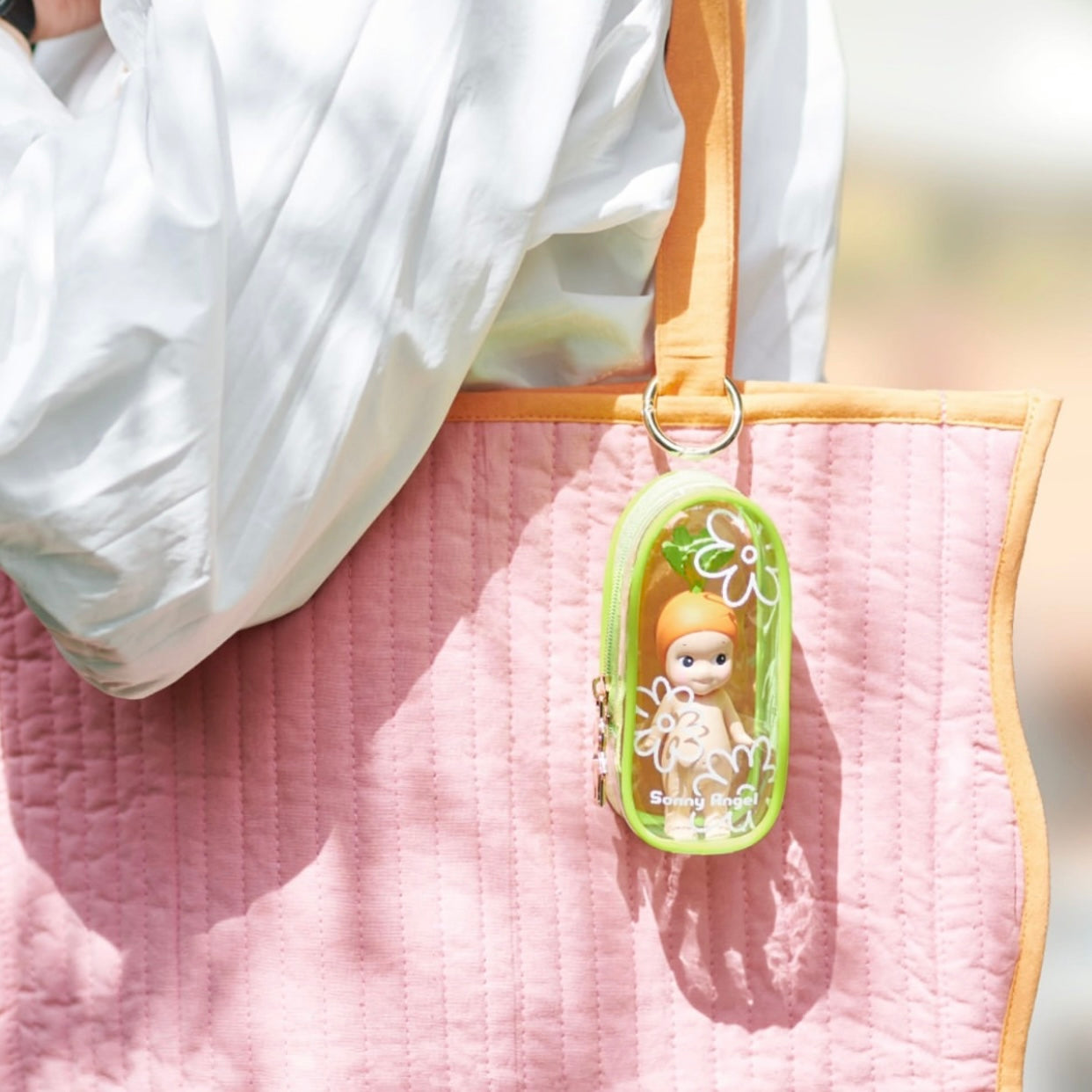 Sonny Angel My Bestie Case with unique motif, zippered transparent display pouch and gold keyring for single figure storage.