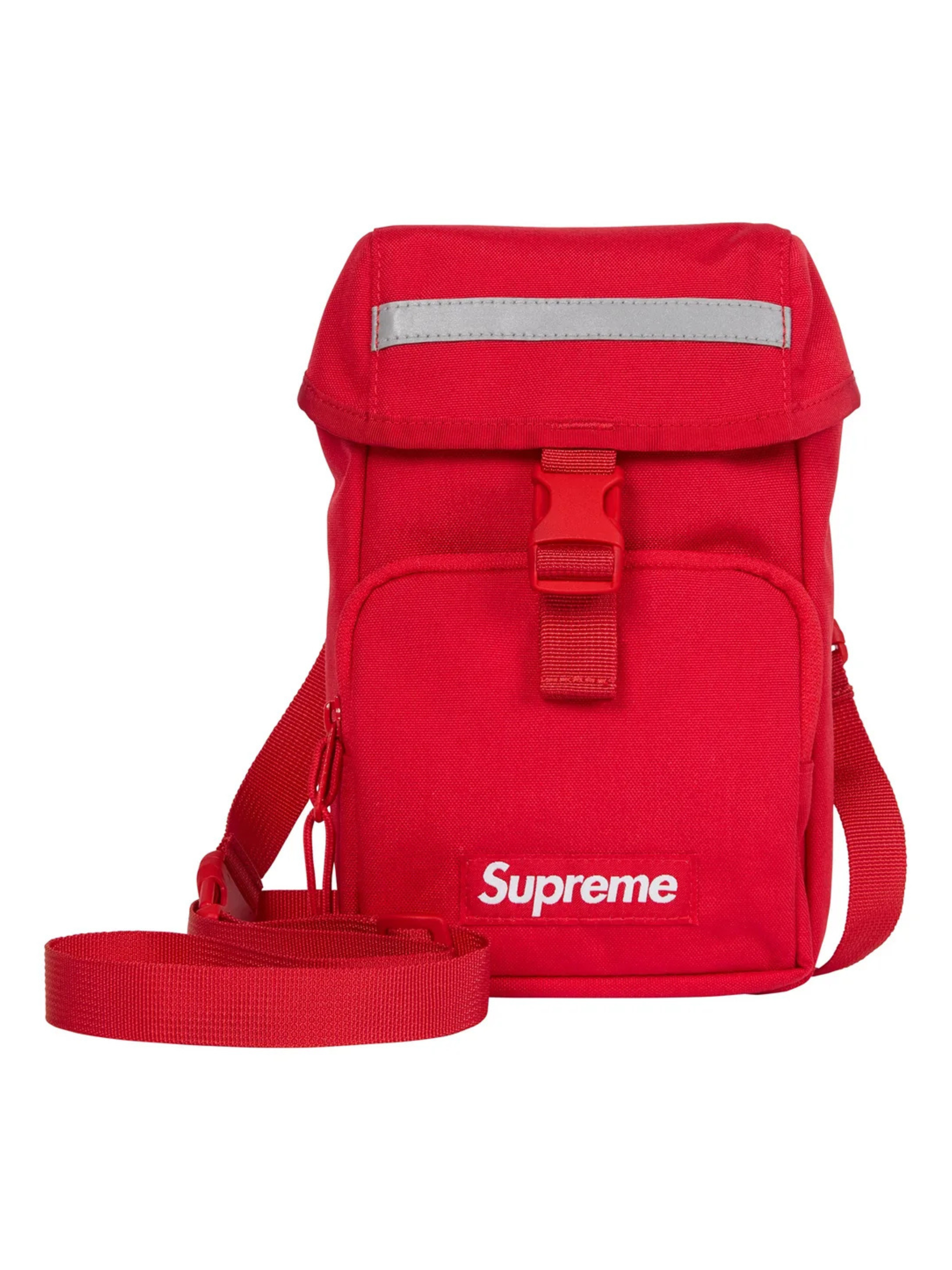 Supreme Camera Bag Red FW24 made from Cordura nylon, with reflective strip, buckle flap, and white box logo