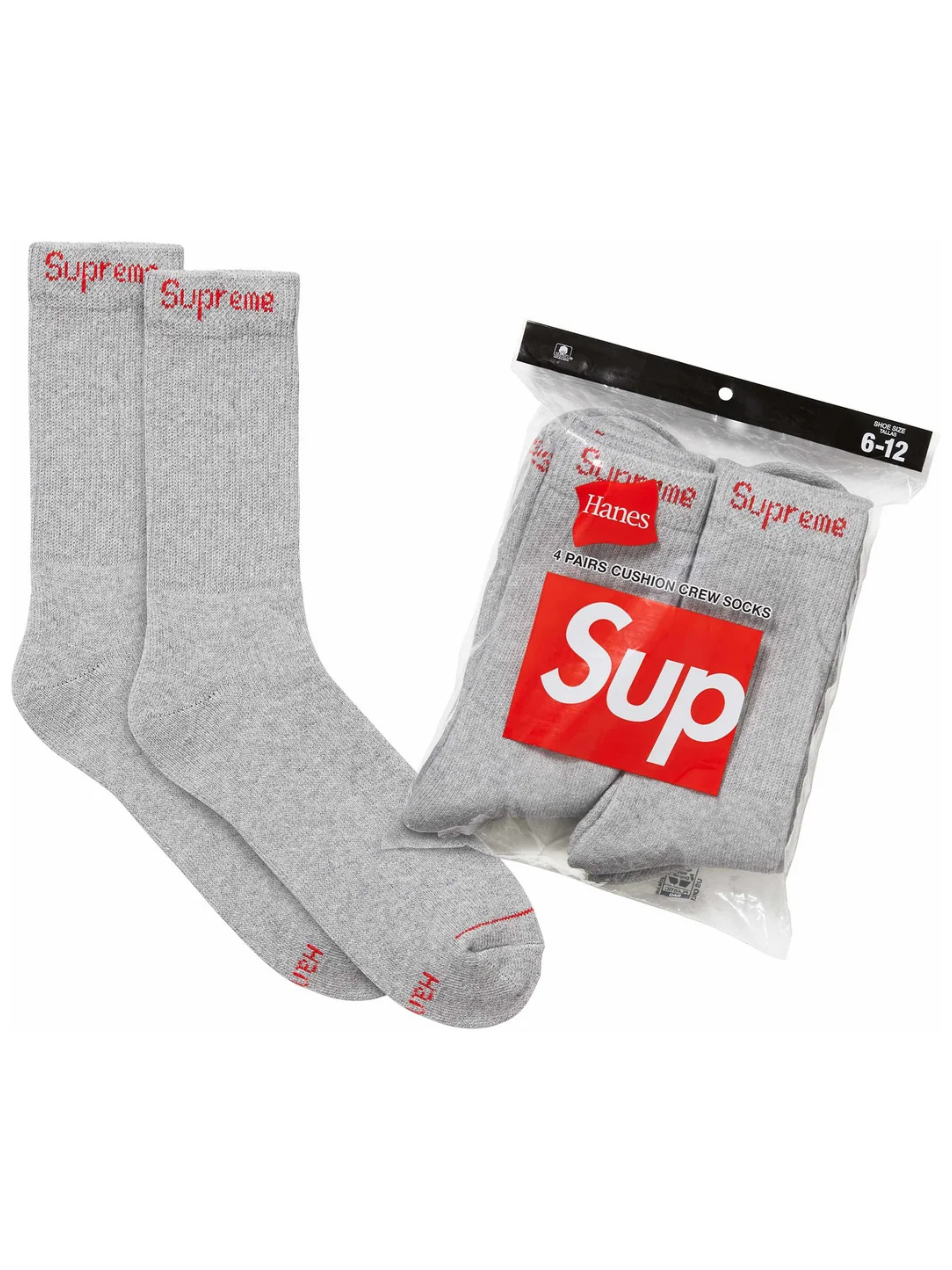 Supreme x Hanes Grey Cushion Crew Socks, 4-pair set with red Supreme ankle logo and cushioned sole comfort