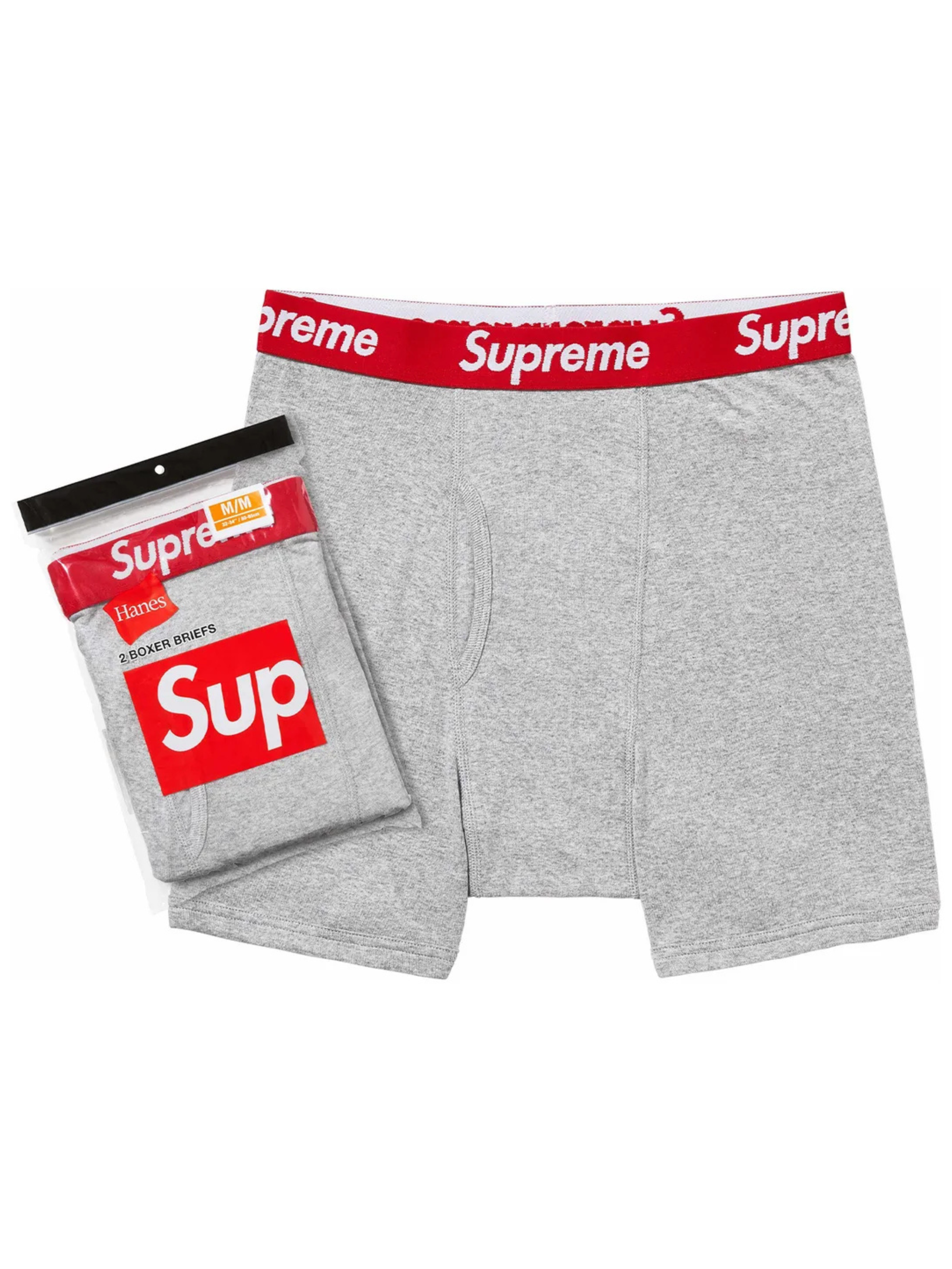 Supreme Hanes Boxer Briefs 2-Pack in Heather Grey from SS24, featuring Supreme logo waistband and stretch cotton fit.