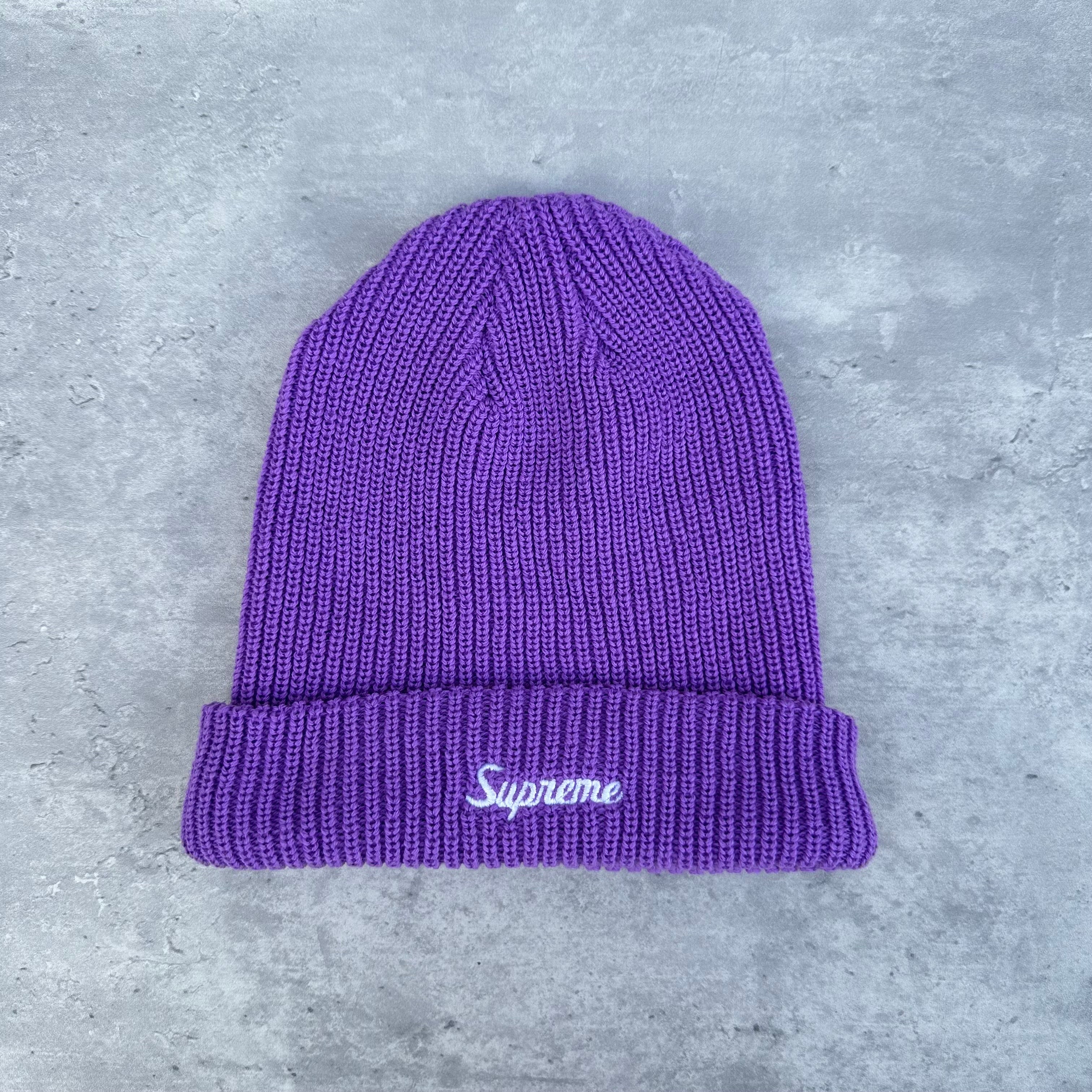 Supreme Loose Gauge Beanie Purple FW19, ribbed knit with front embroidery and fold-over cuff