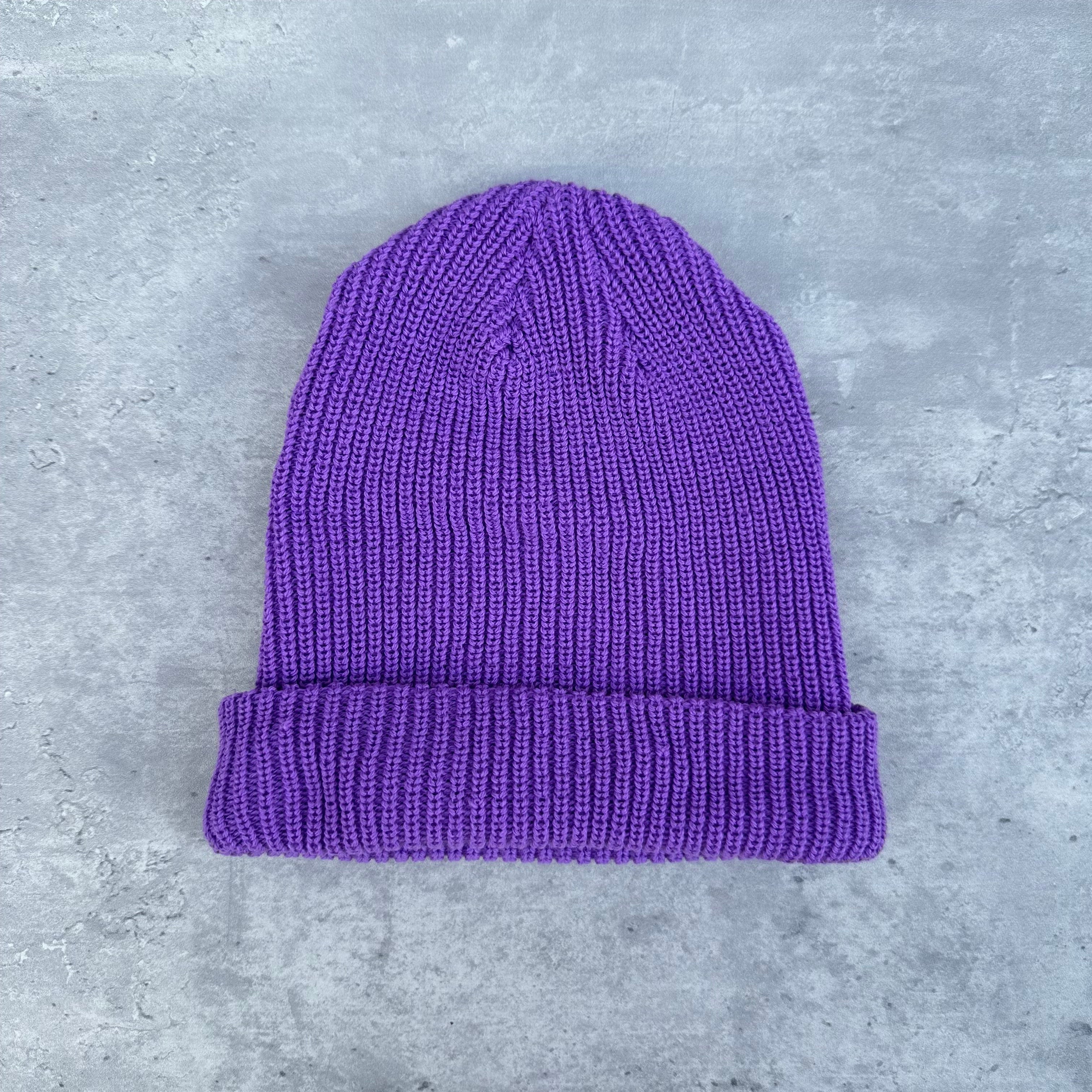Supreme Loose Gauge Beanie Purple FW19, ribbed knit with front embroidery and fold-over cuff