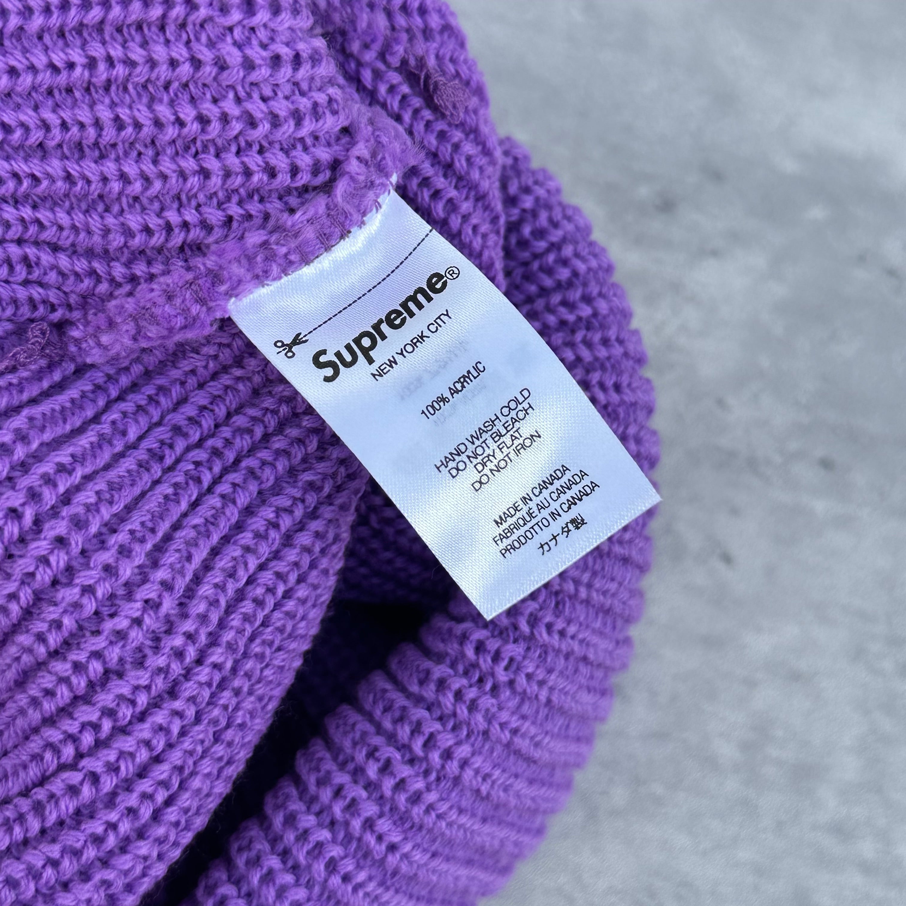 Supreme Loose Gauge Beanie Purple FW19, ribbed knit with front embroidery and fold-over cuff