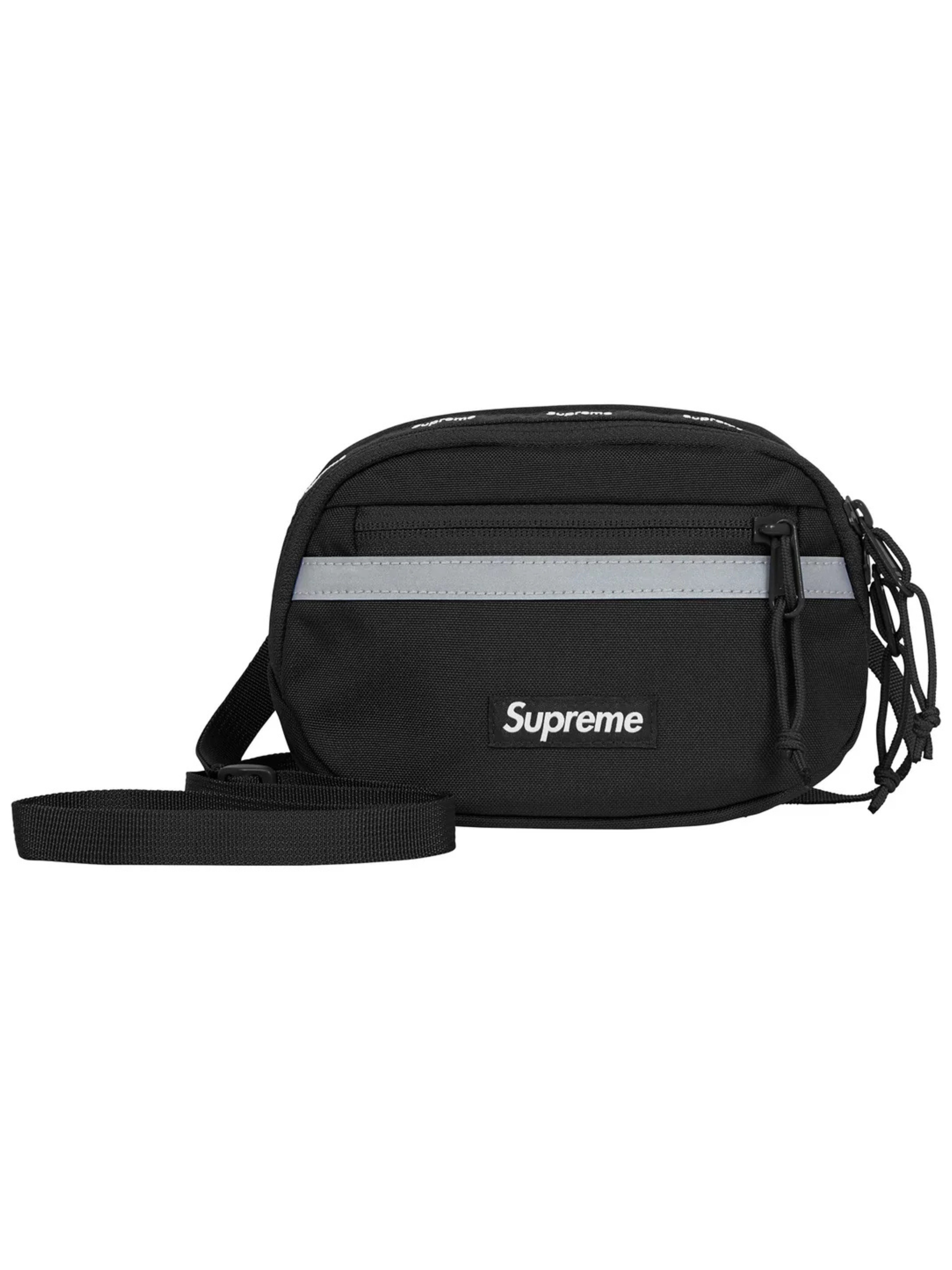 Supreme Mini Side Bag Black FW24 made of Cordura nylon, featuring reflective strip, mesh back pocket, and tonal logo