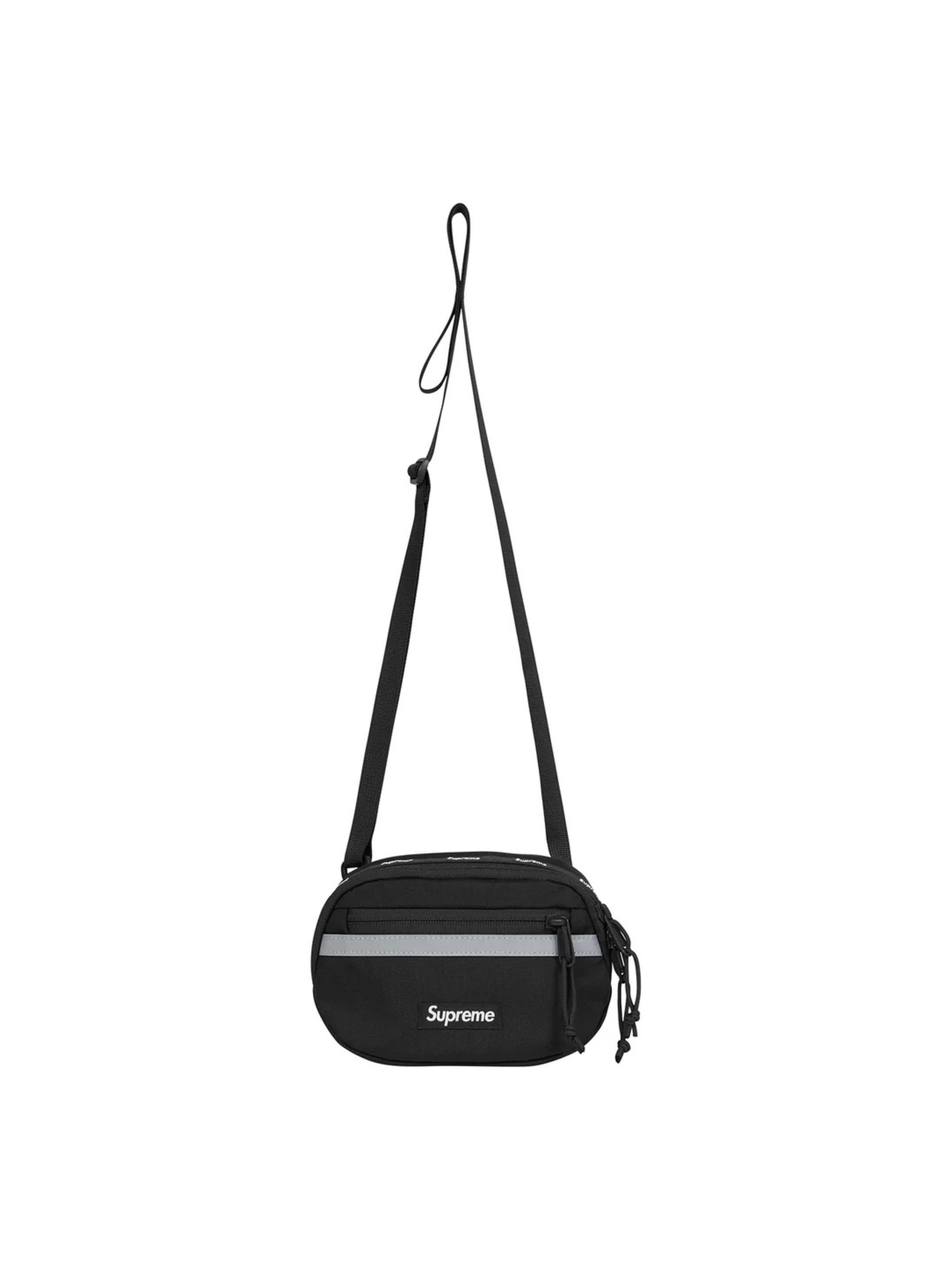 Supreme Mini Side Bag Black (FW24) with Cordura nylon, tonal logo, and reflective detailing. Compact and versatile crossbody for daily wear.