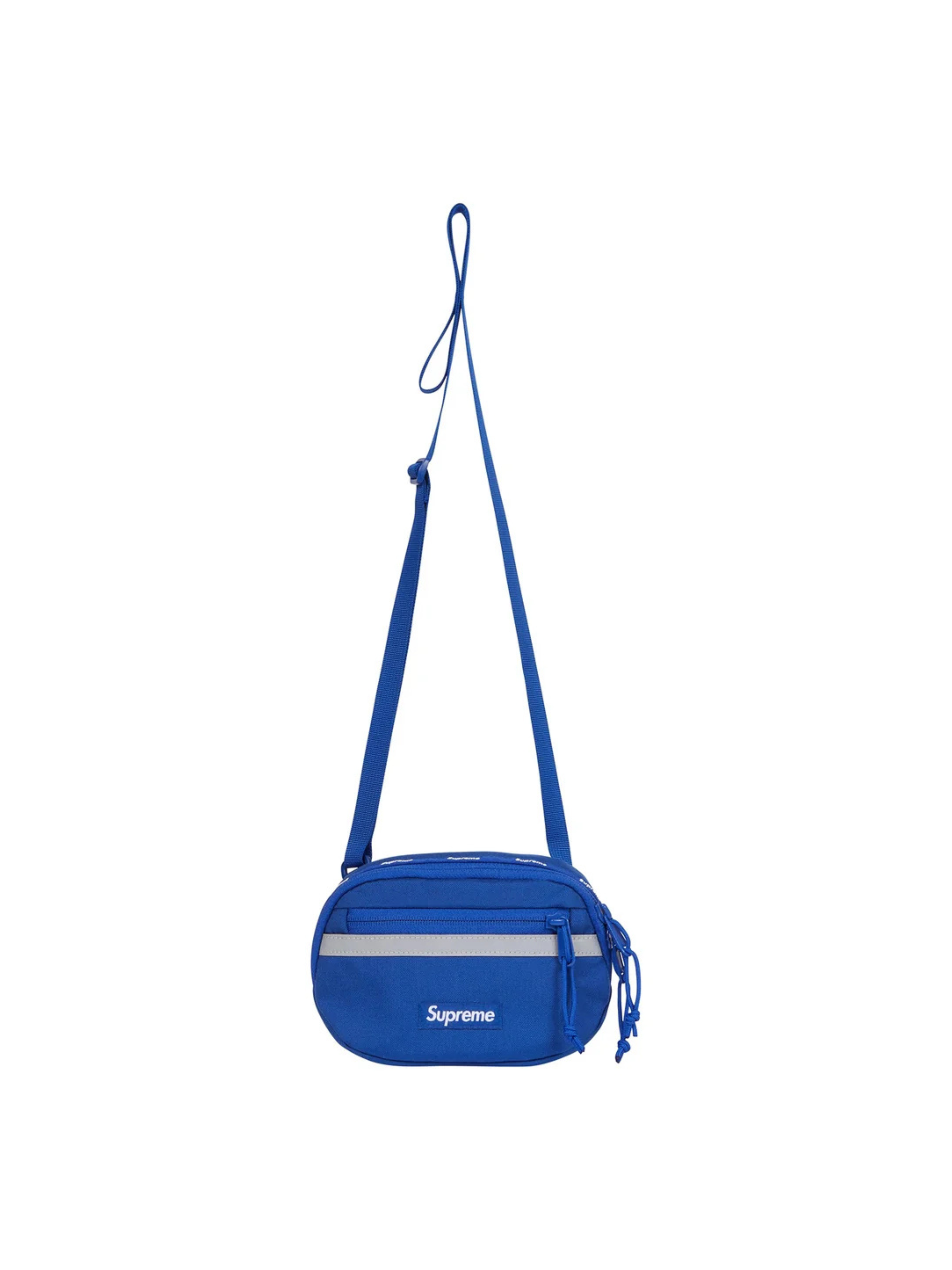 Supreme Mini Side Bag Blue FW24 in Cordura nylon with front logo, mesh pocket, and reflective strip