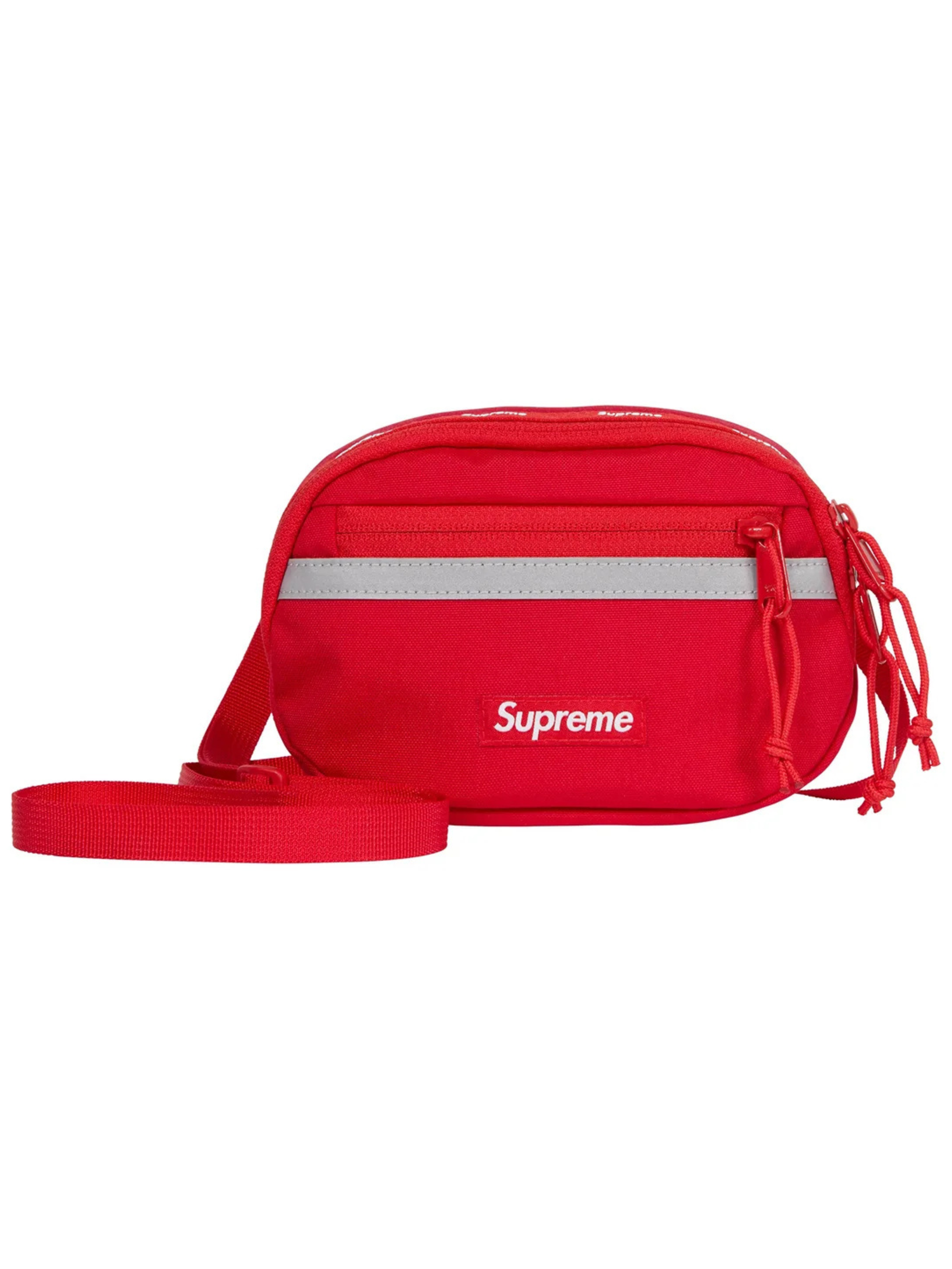 Supreme Mini Side Bag Red FW24 with reflective front detail, nylon build, and bold logo
