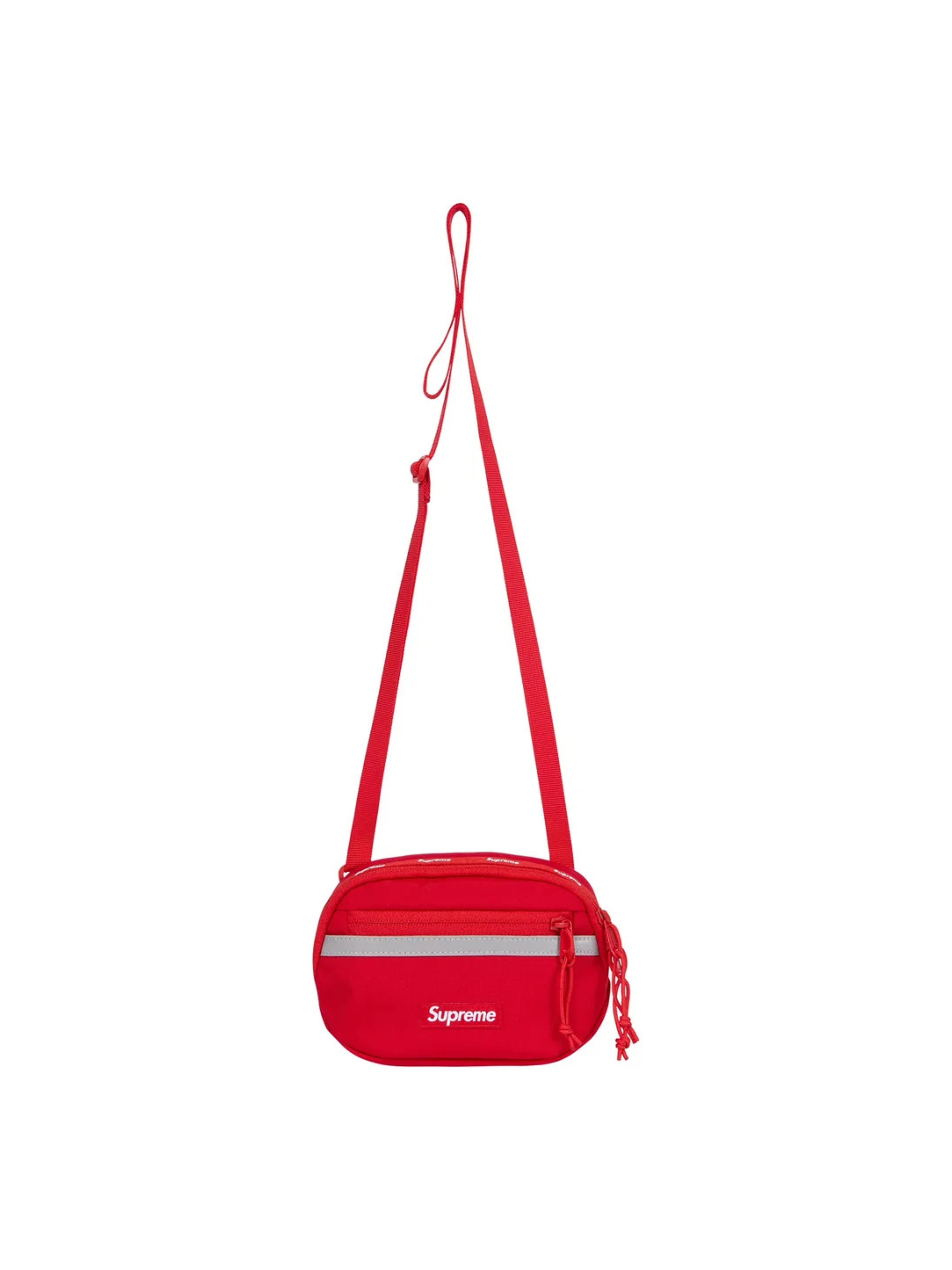 Supreme Mini Side Bag Red FW24 with reflective front detail, nylon build, and bold logo
