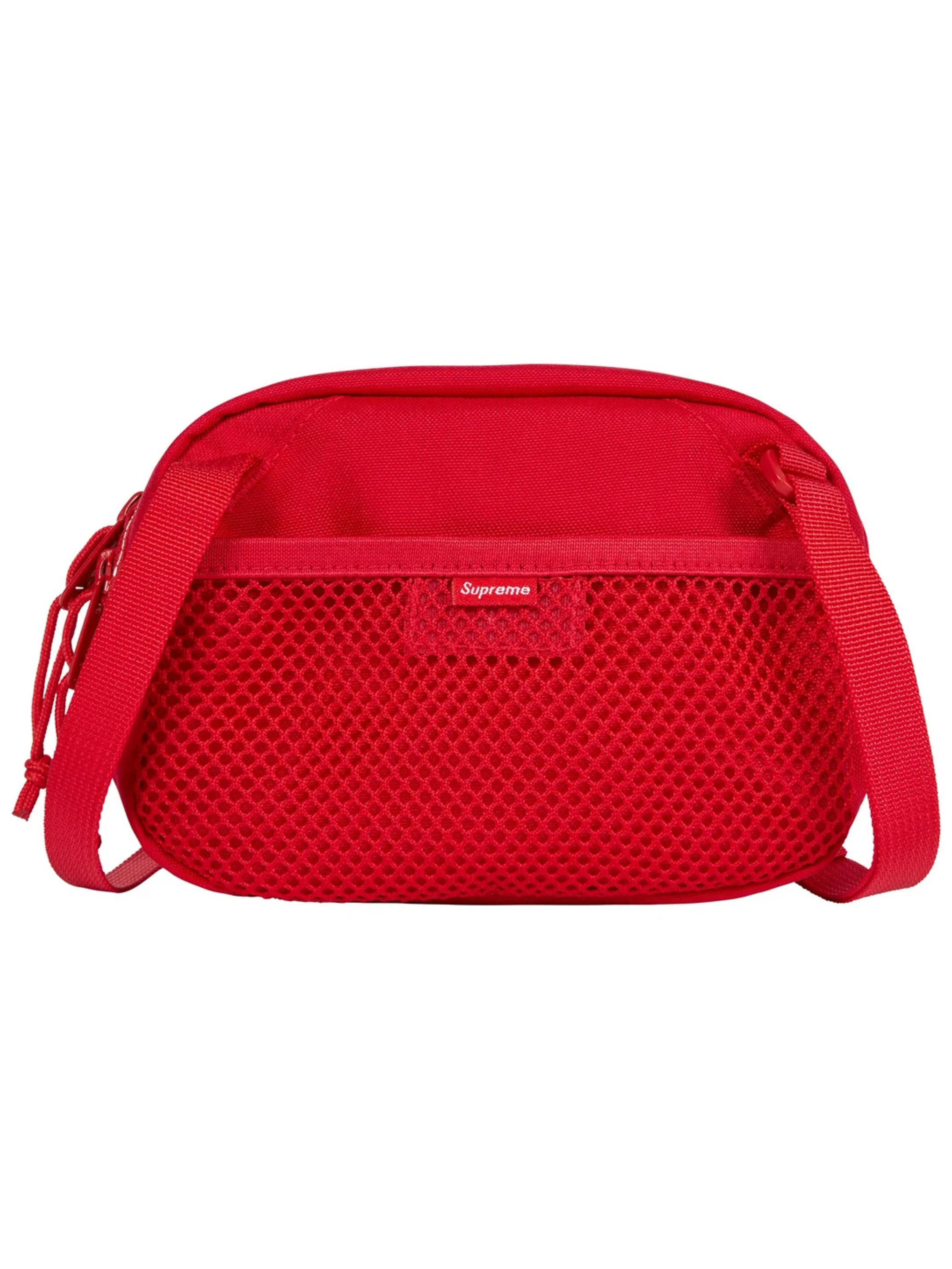 Supreme Mini Side Bag Red FW24 with reflective front detail, nylon build, and bold logo