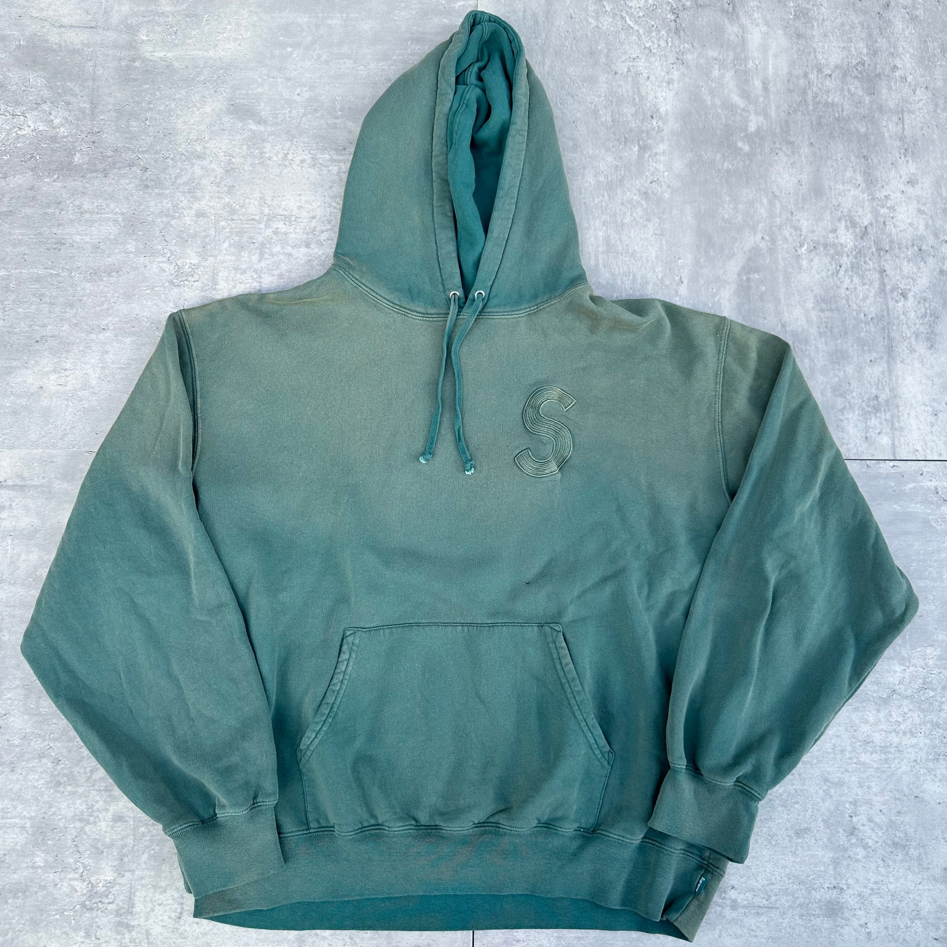 Supreme Overdyed S Logo Hoodie in washed teal, featuring tonal embroidered S on chest with kangaroo pocket and ribbed detailing