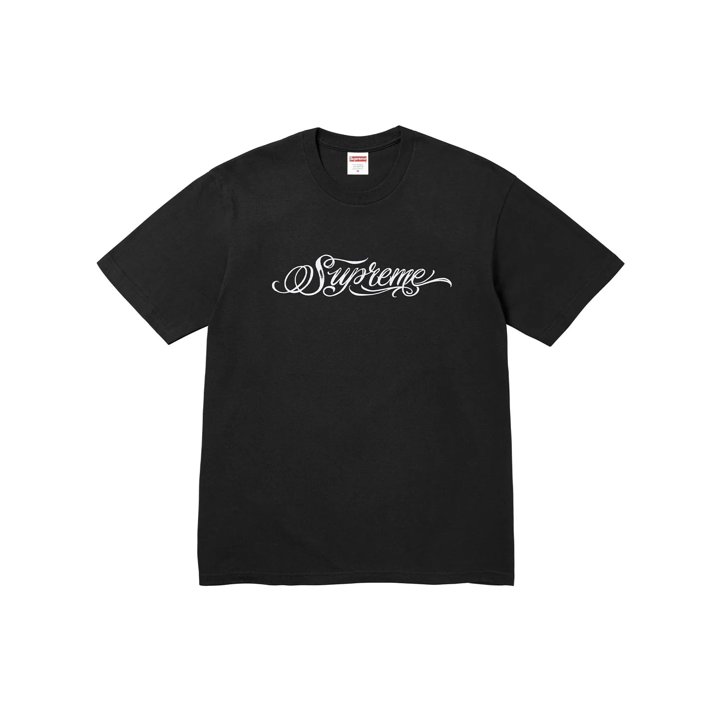 Supreme Script Tee Black FW24, featuring white script logo print on black cotton with short sleeves and crew neckline.