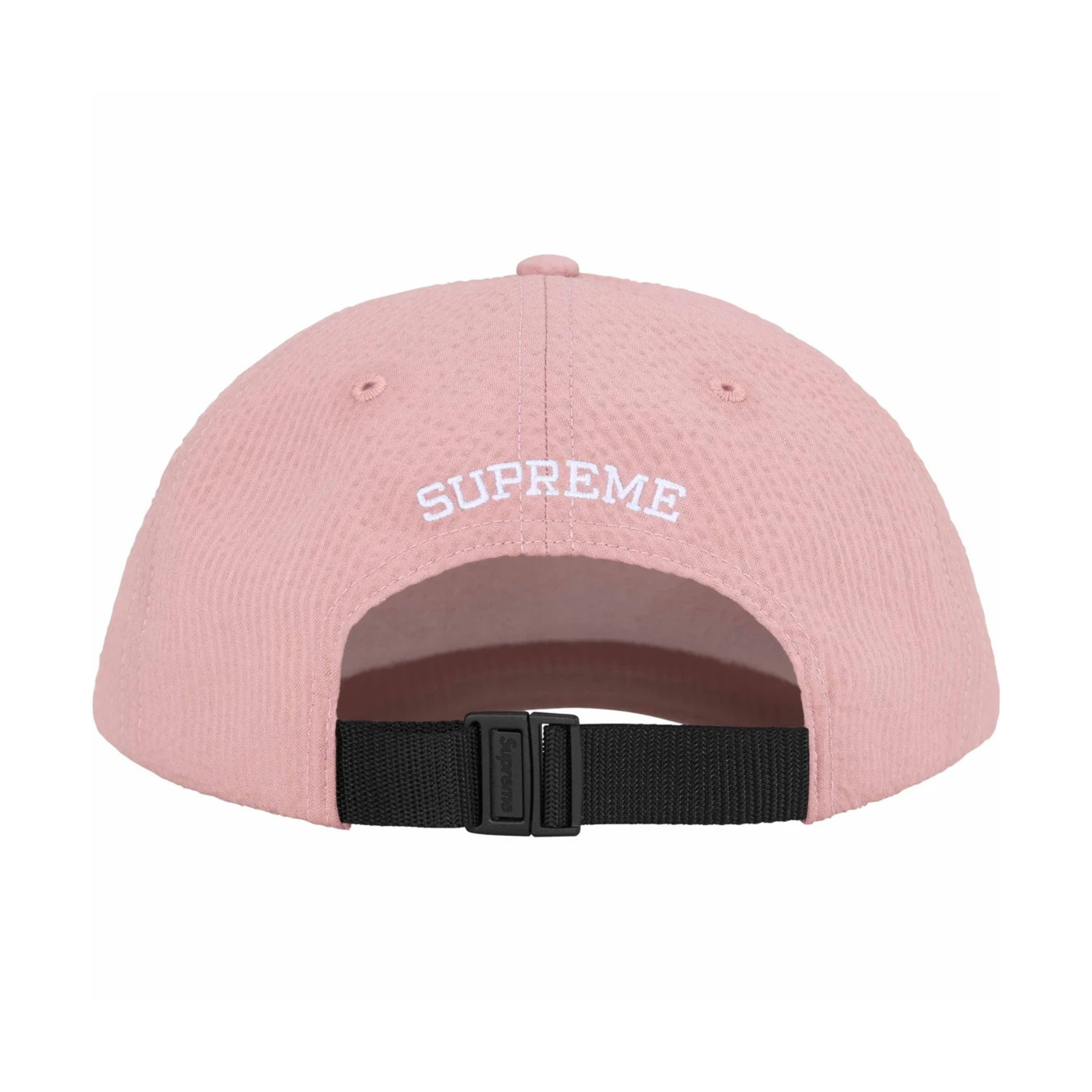 Supreme Seersucker S Logo 6-Panel Cap in pink, featuring white embroidered S on front, Supreme logo on back, and black adjustable strap.