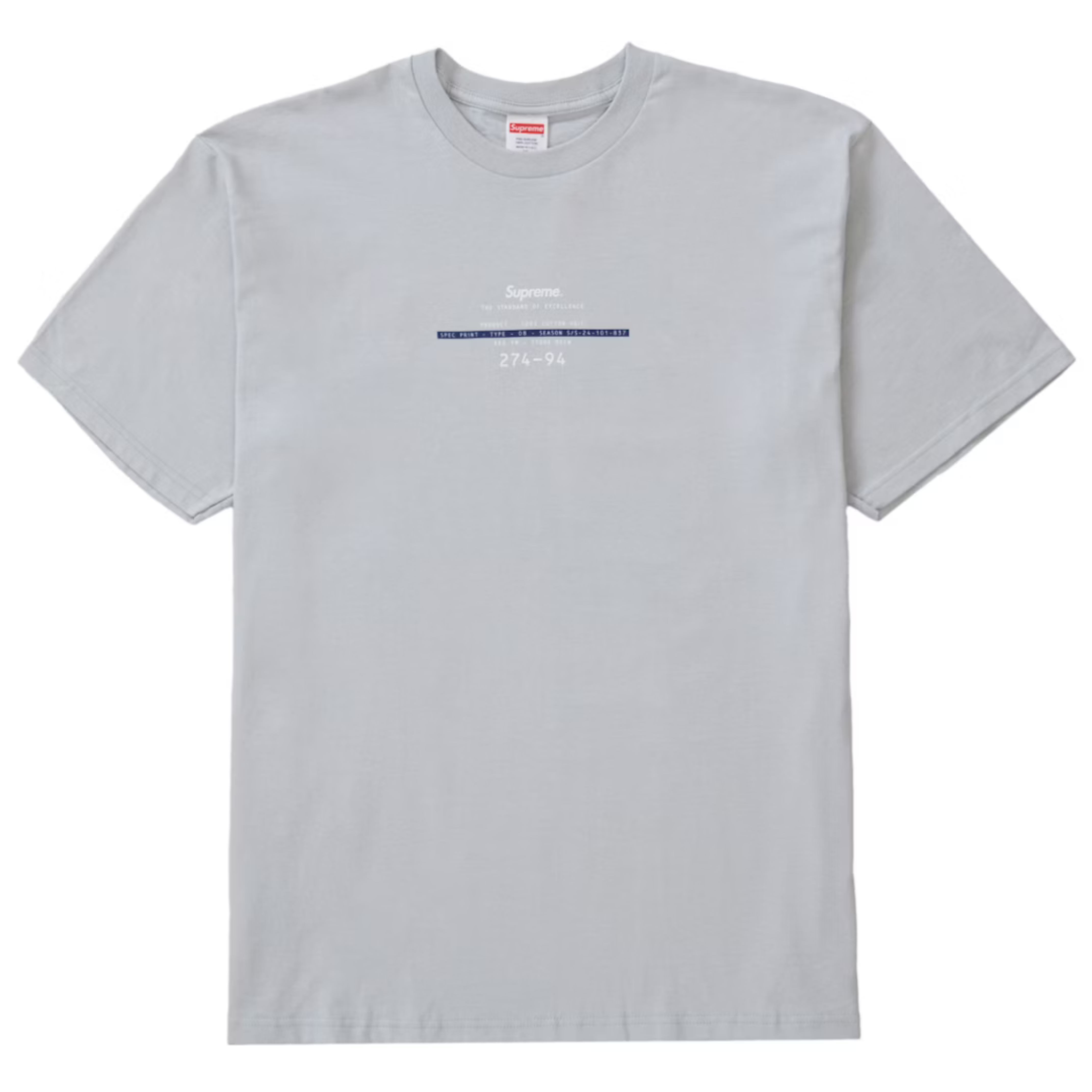 Supreme Standard Tee Cement SS24, light grey cotton t-shirt with minimalist Supreme text and graphic print on the chest.