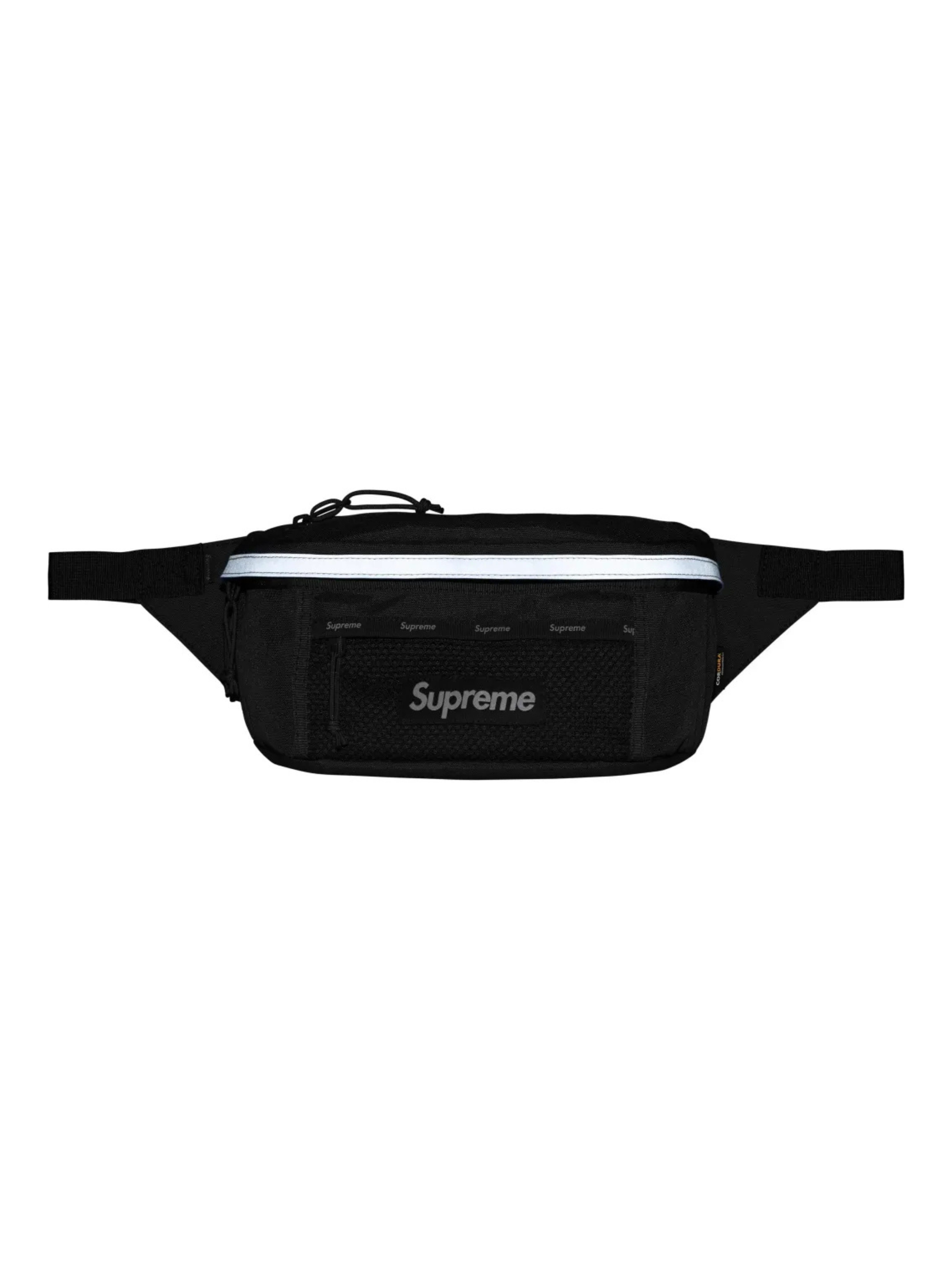 Supreme Waist Bag Black FW24 with reflective zip trim, mesh logo pocket, and adjustable strap