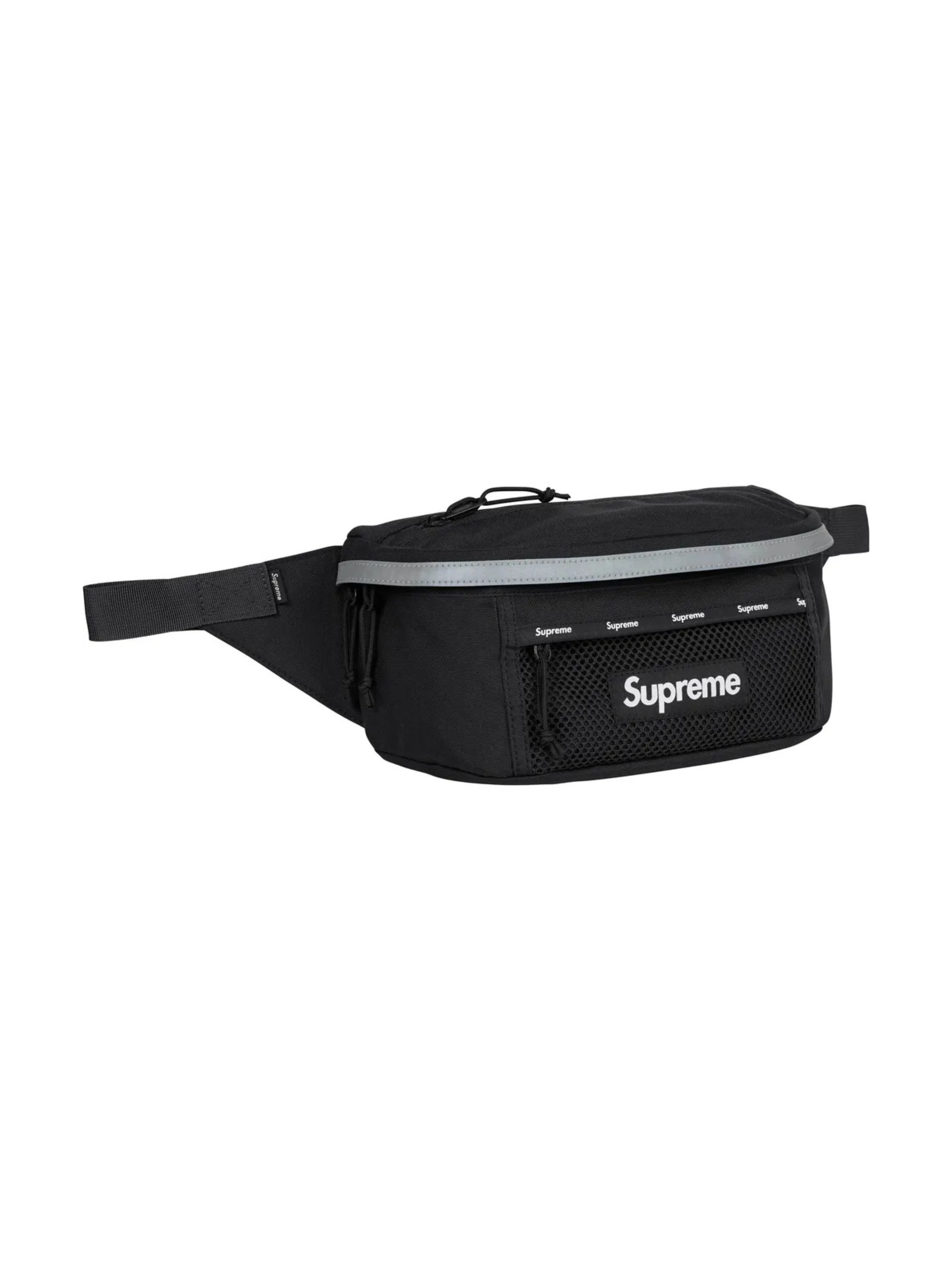 Supreme Waist Bag Black FW24 with reflective zip trim, mesh logo pocket, and adjustable strap