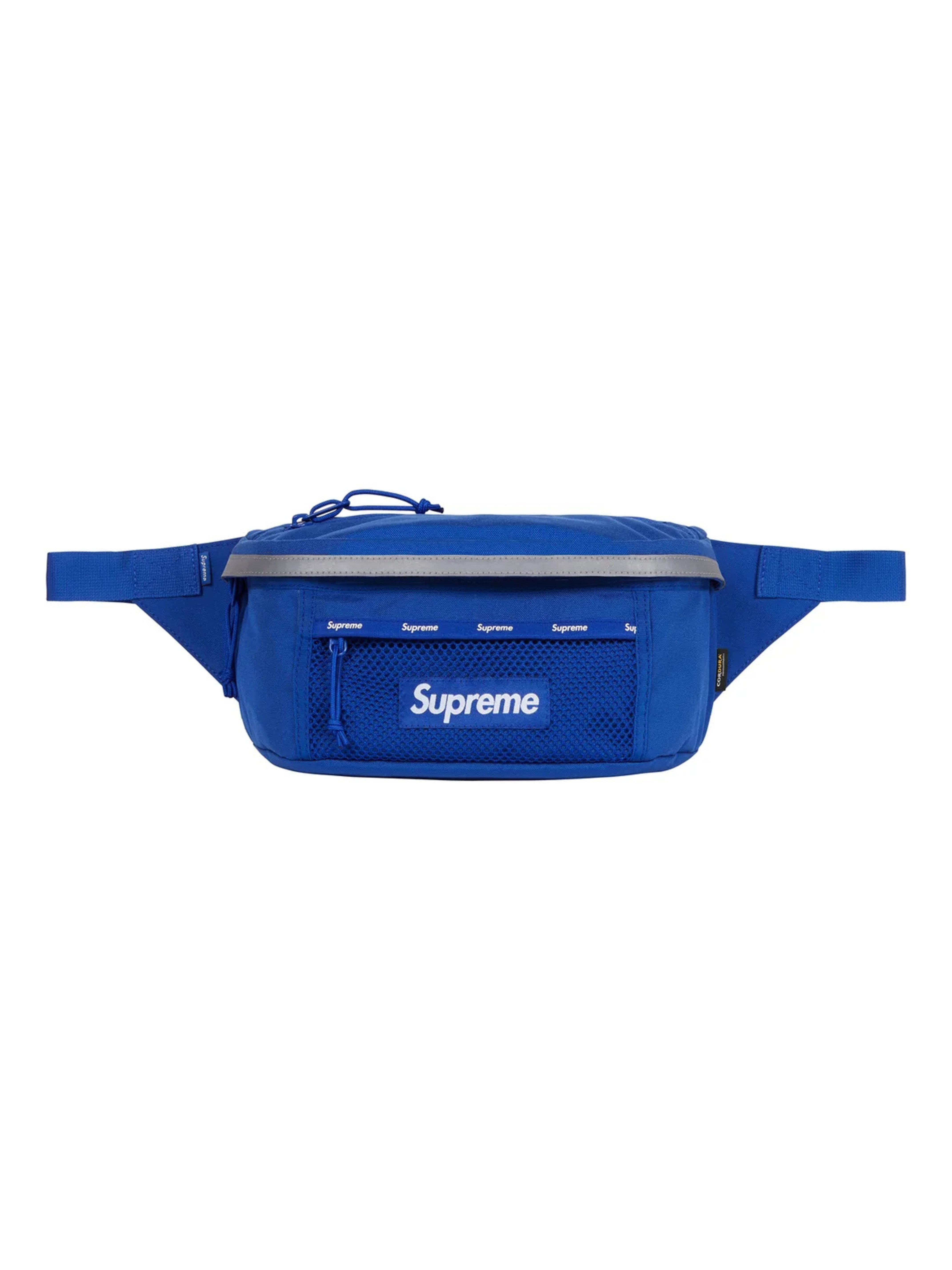 Supreme Waist Bag Blue FW24 in Cordura nylon with mesh pocket, reflective trim, and logo details