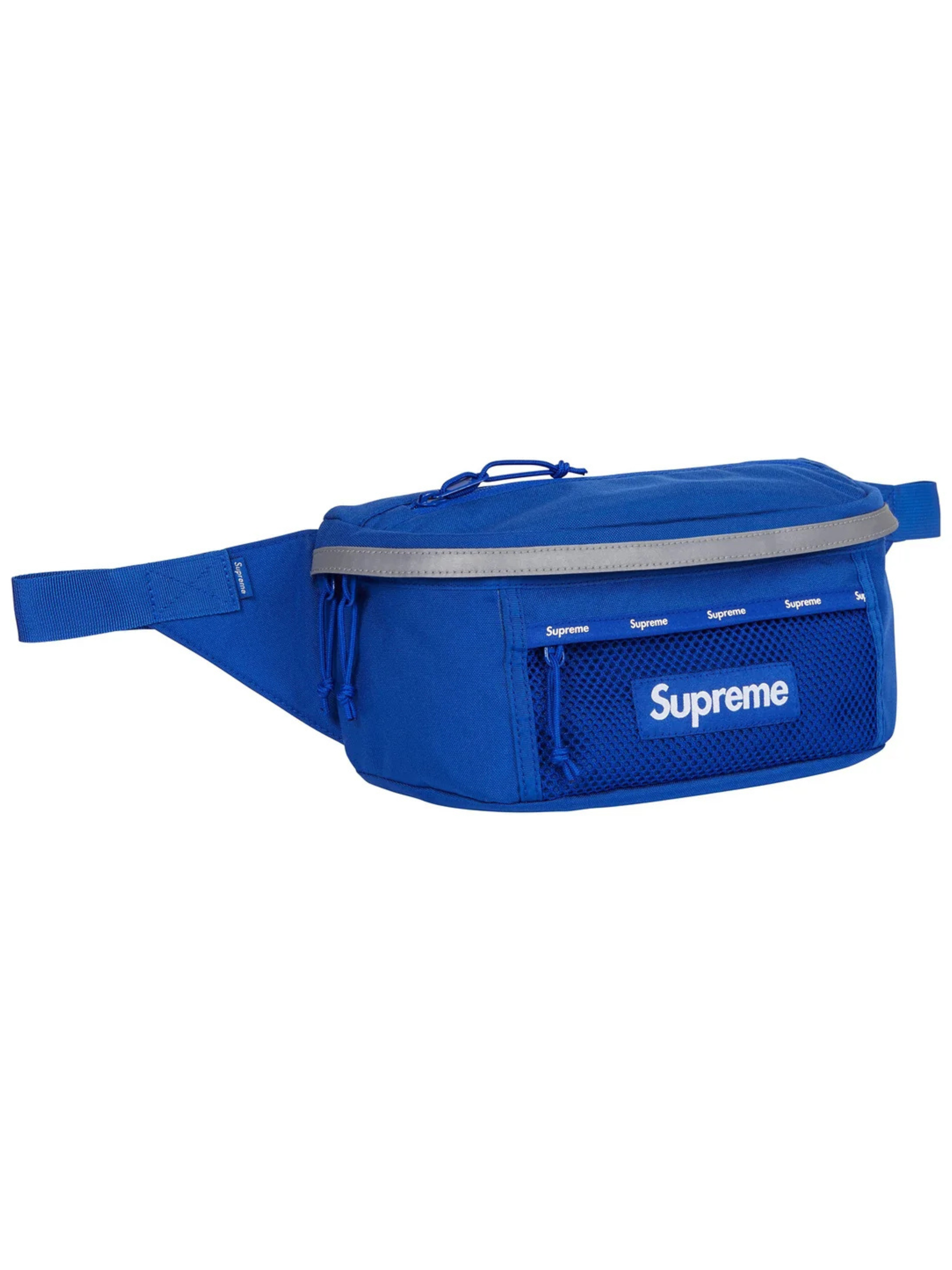 Supreme Waist Bag Blue FW24 in Cordura nylon with mesh pocket, reflective trim, and logo details