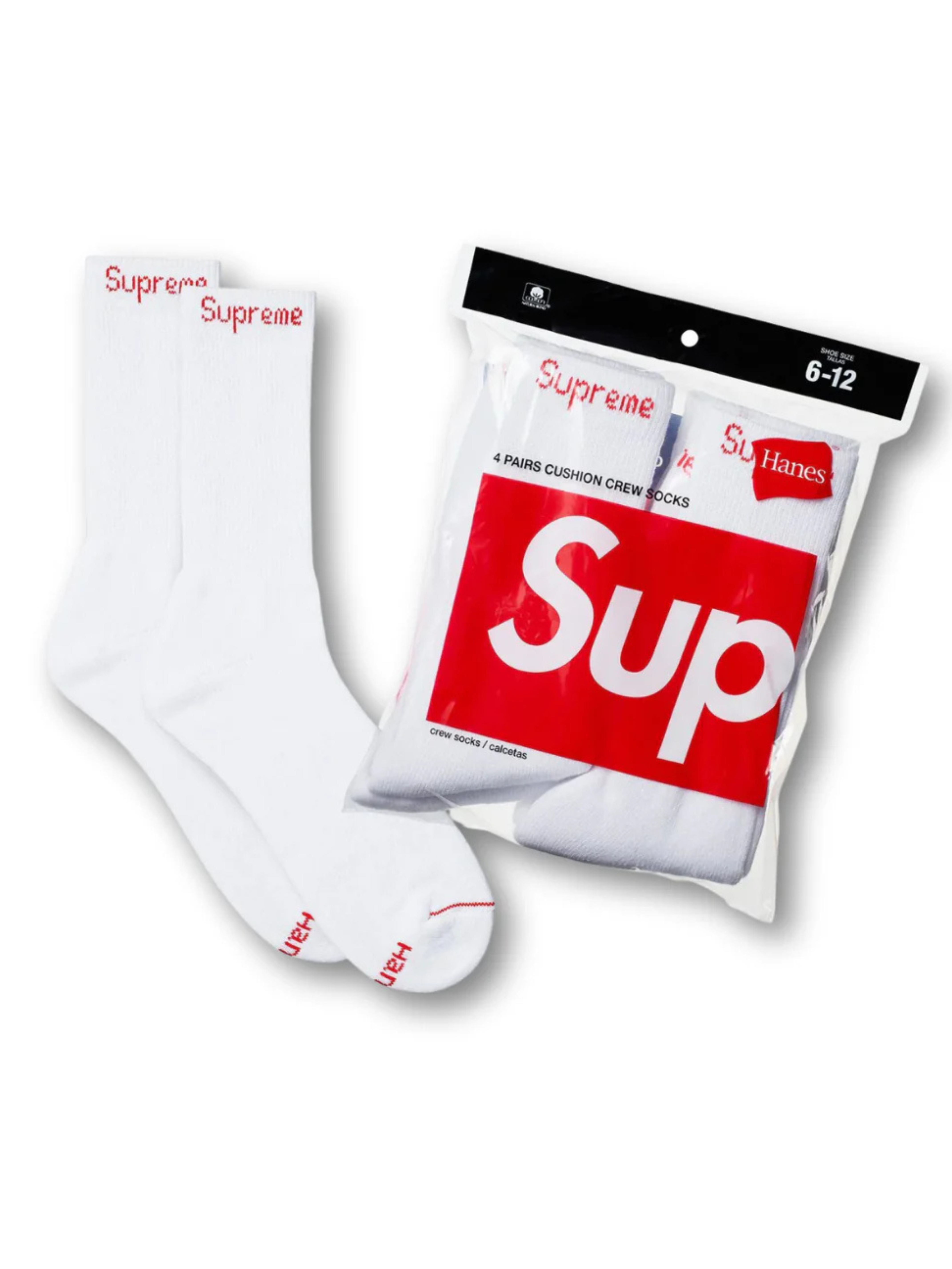 Supreme x Hanes White Cushion Crew Socks, 4 pairs with red logo and ribbed cuff, soft cotton-blend with cushioned sole