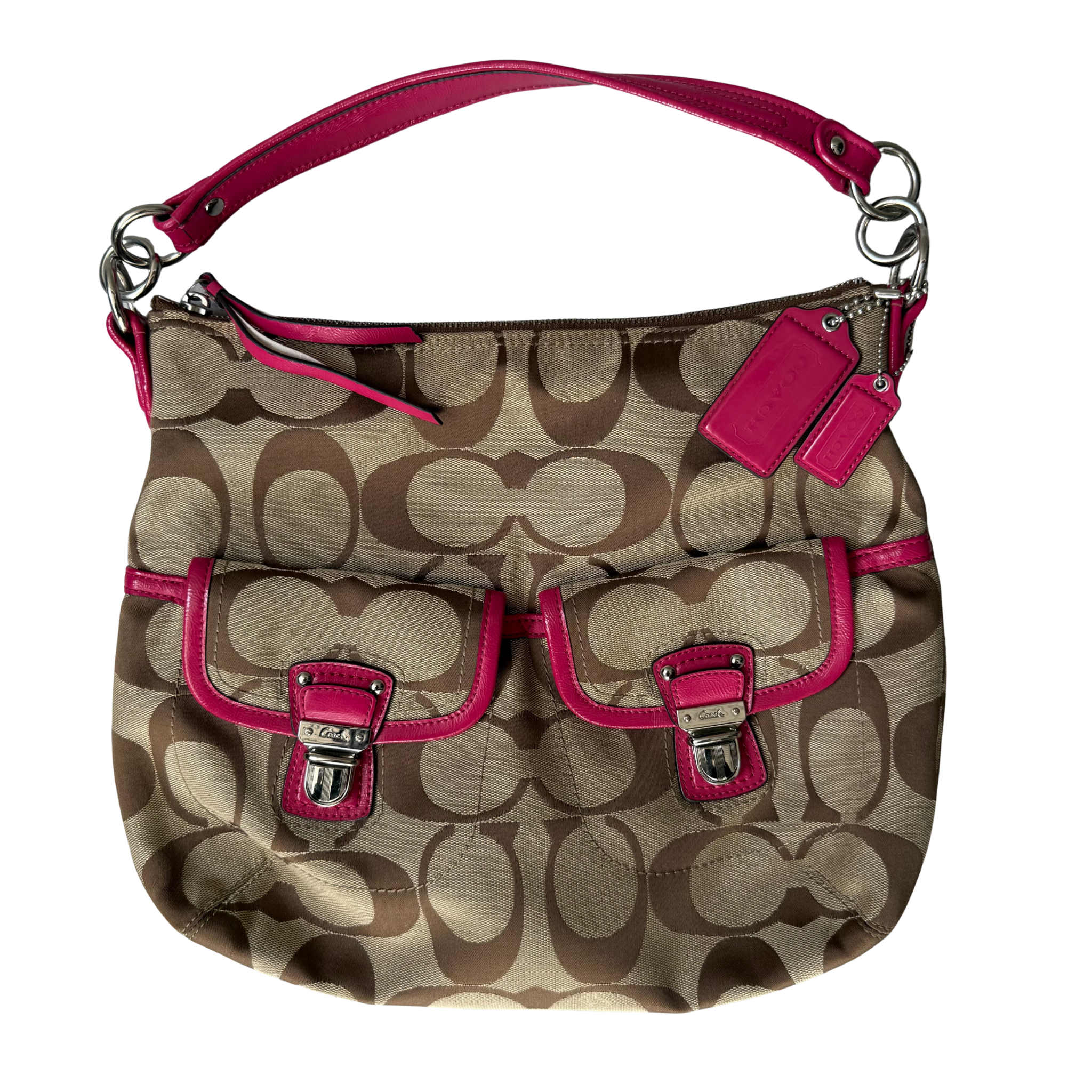 Coach 2Way Signature Pocket Hobo Daisy Shoulder Bag Beige/Pink