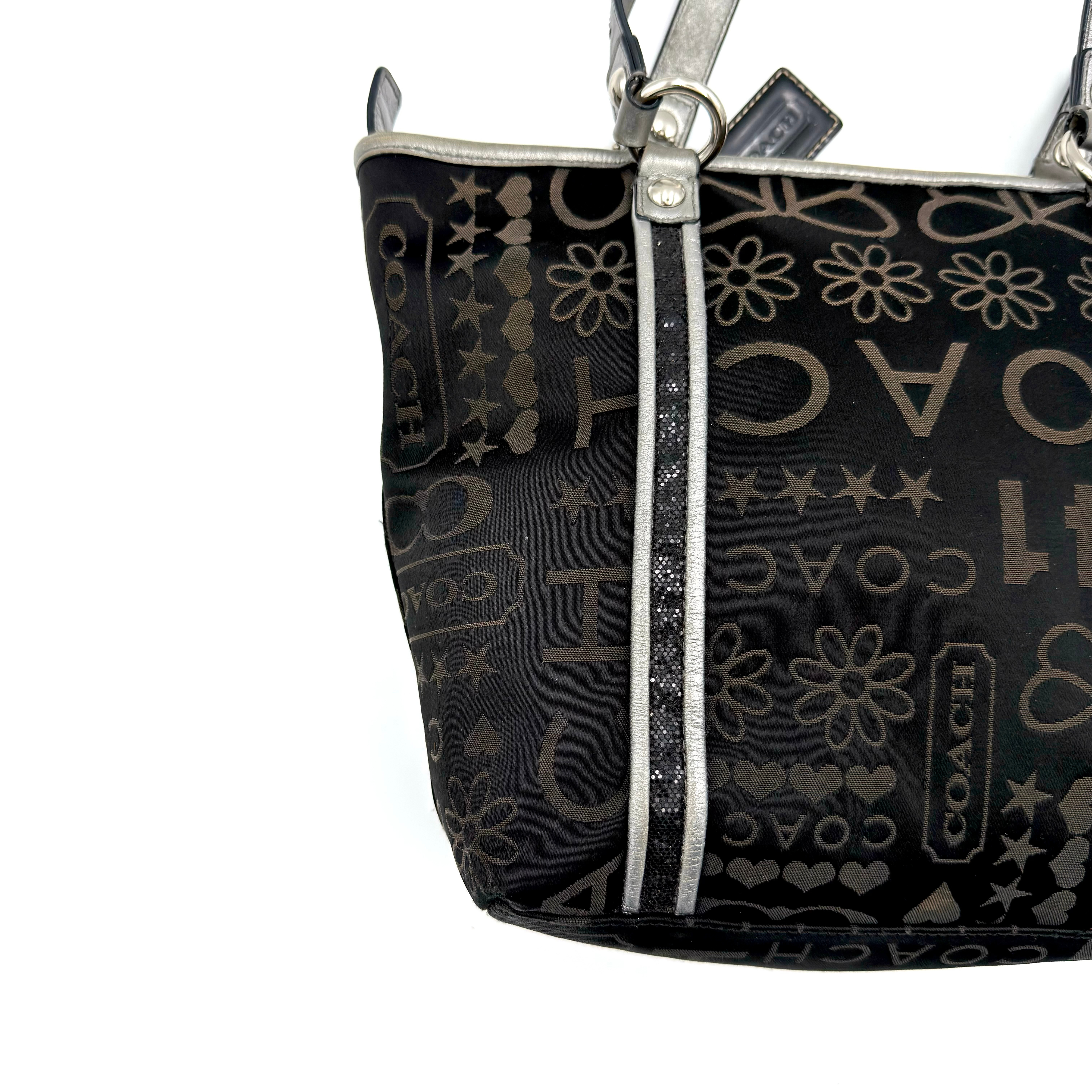 Coach Poppy Bandana Glitter Graffiti Tote Bag Black