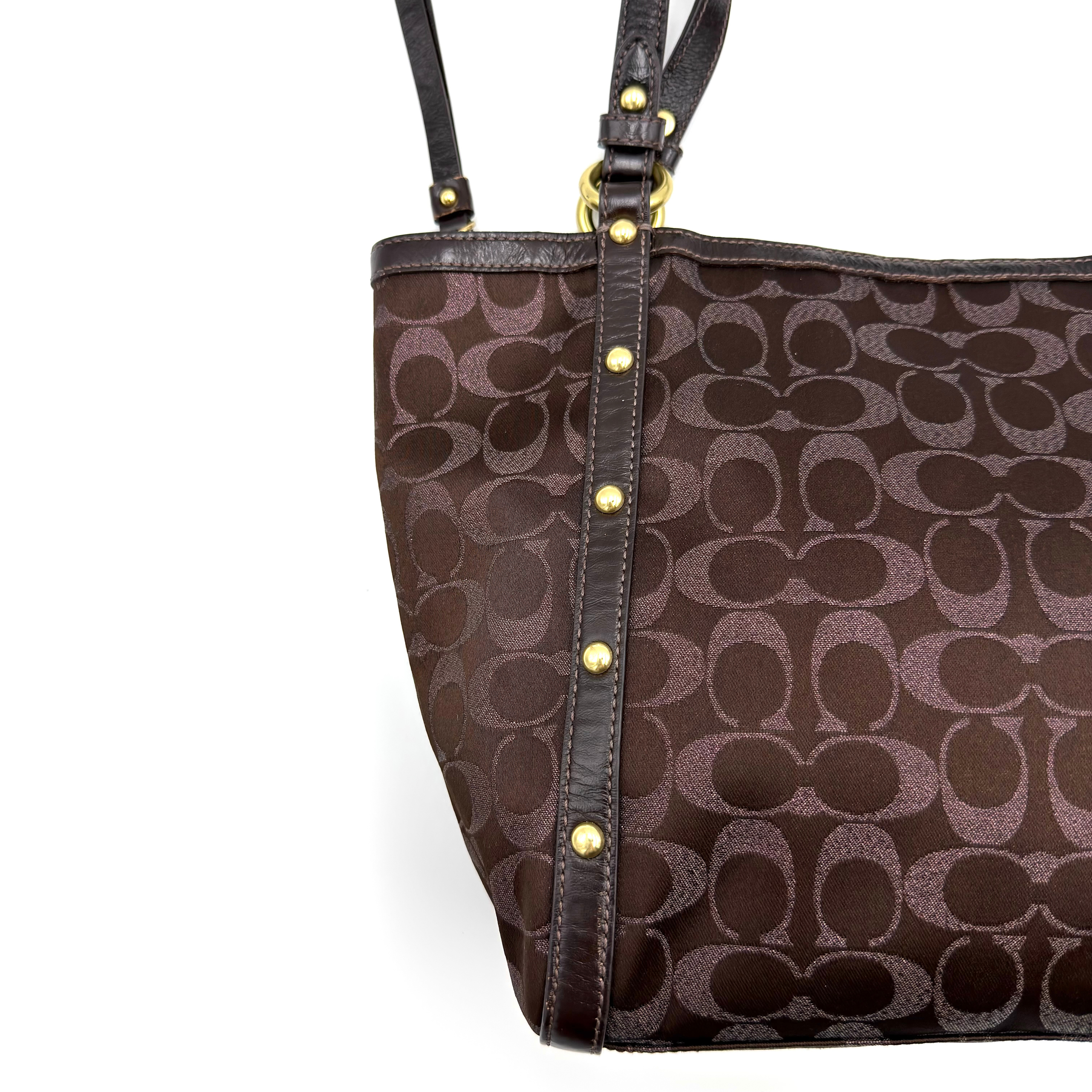 Coach Signature Canvas Studded Tote Bag Brown