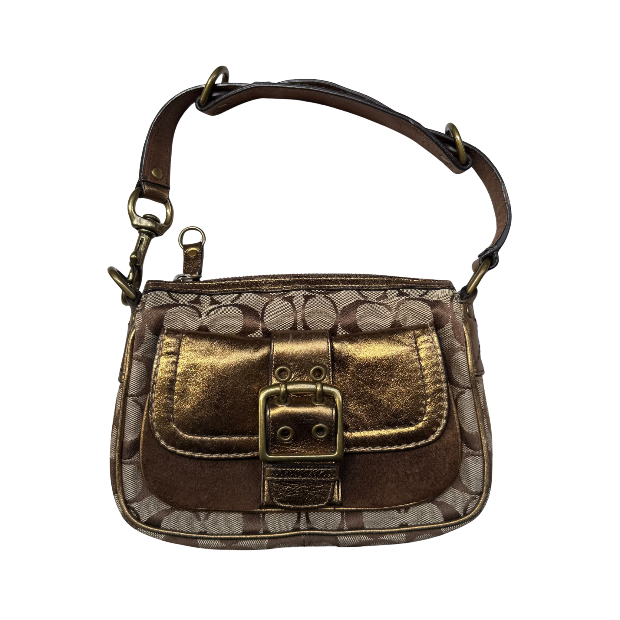 Coach Signature Front Buckle ShoulderBag Beige/Gold