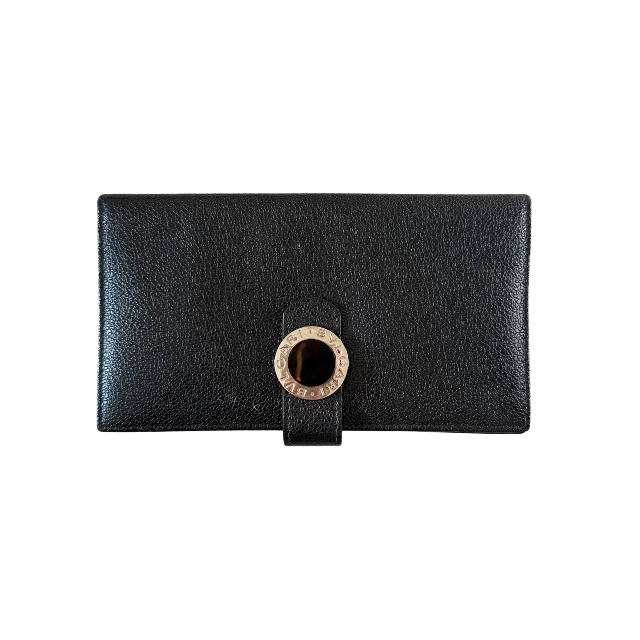 Bvlgari Black Leather Signature Ring Fold Long Wallet