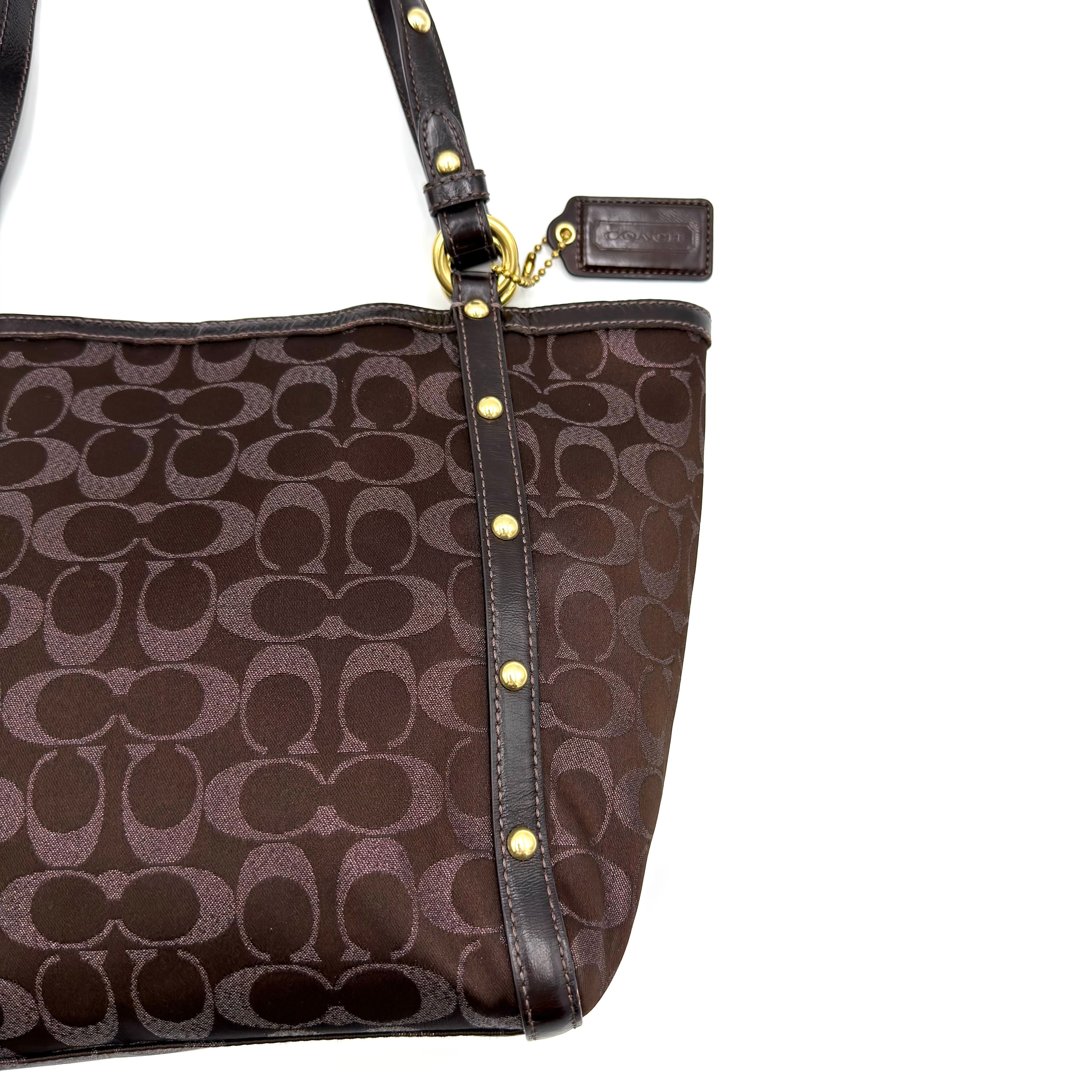 Coach Signature Canvas Studded Tote Bag Brown