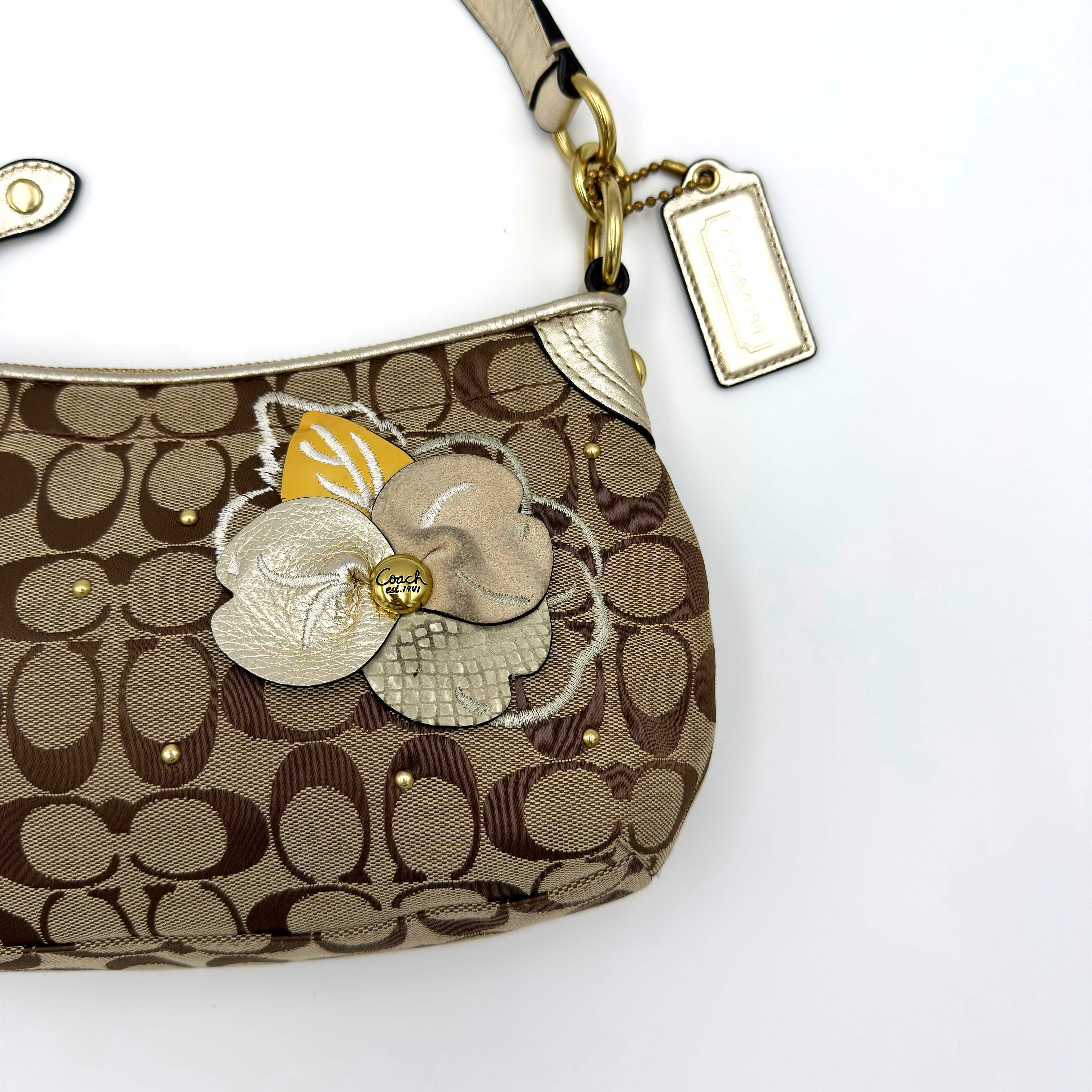 Coach 2Way Signature Floral Shoulder Bag Beige