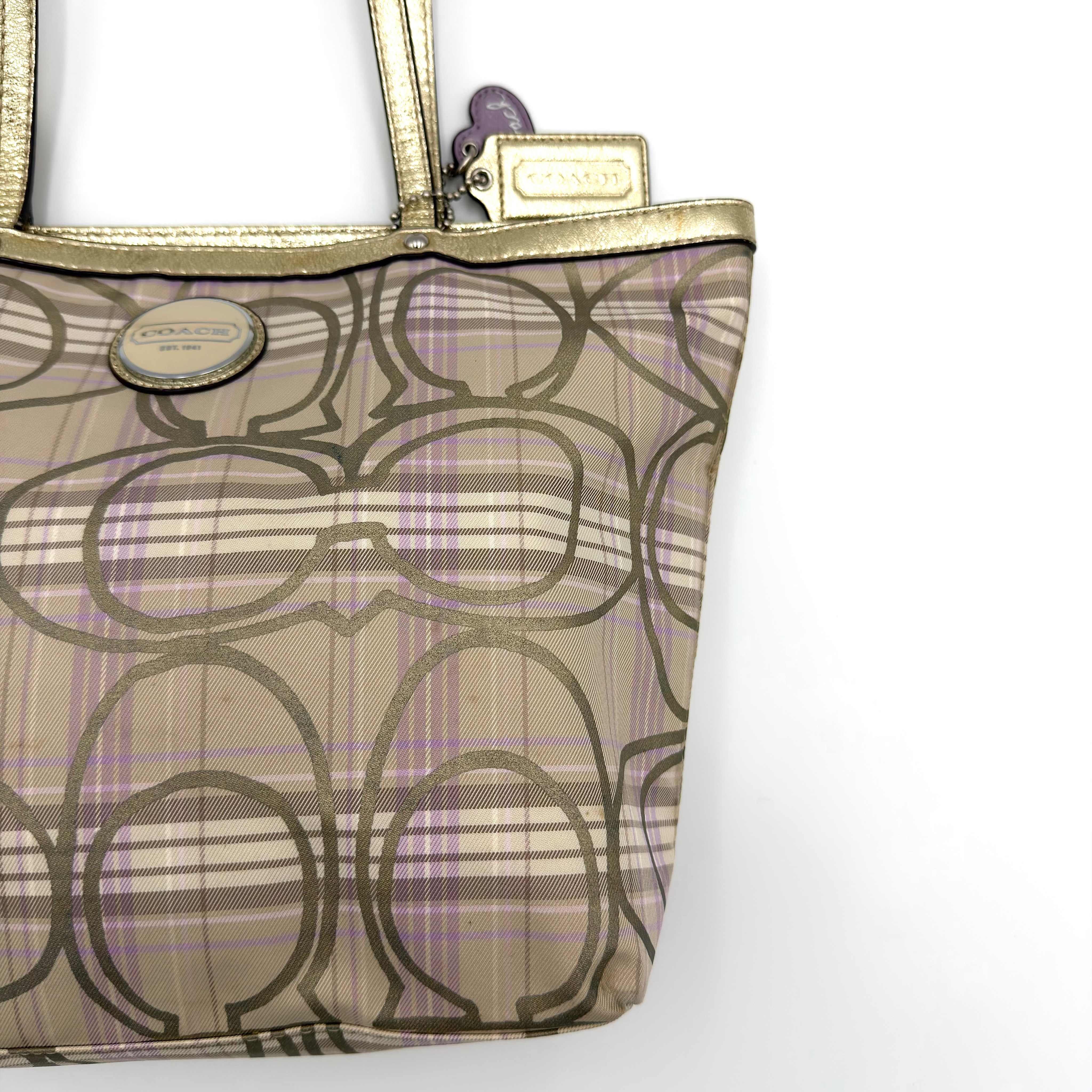 Coach Signature Plaid Tartan Tote Bag Purple/Gold