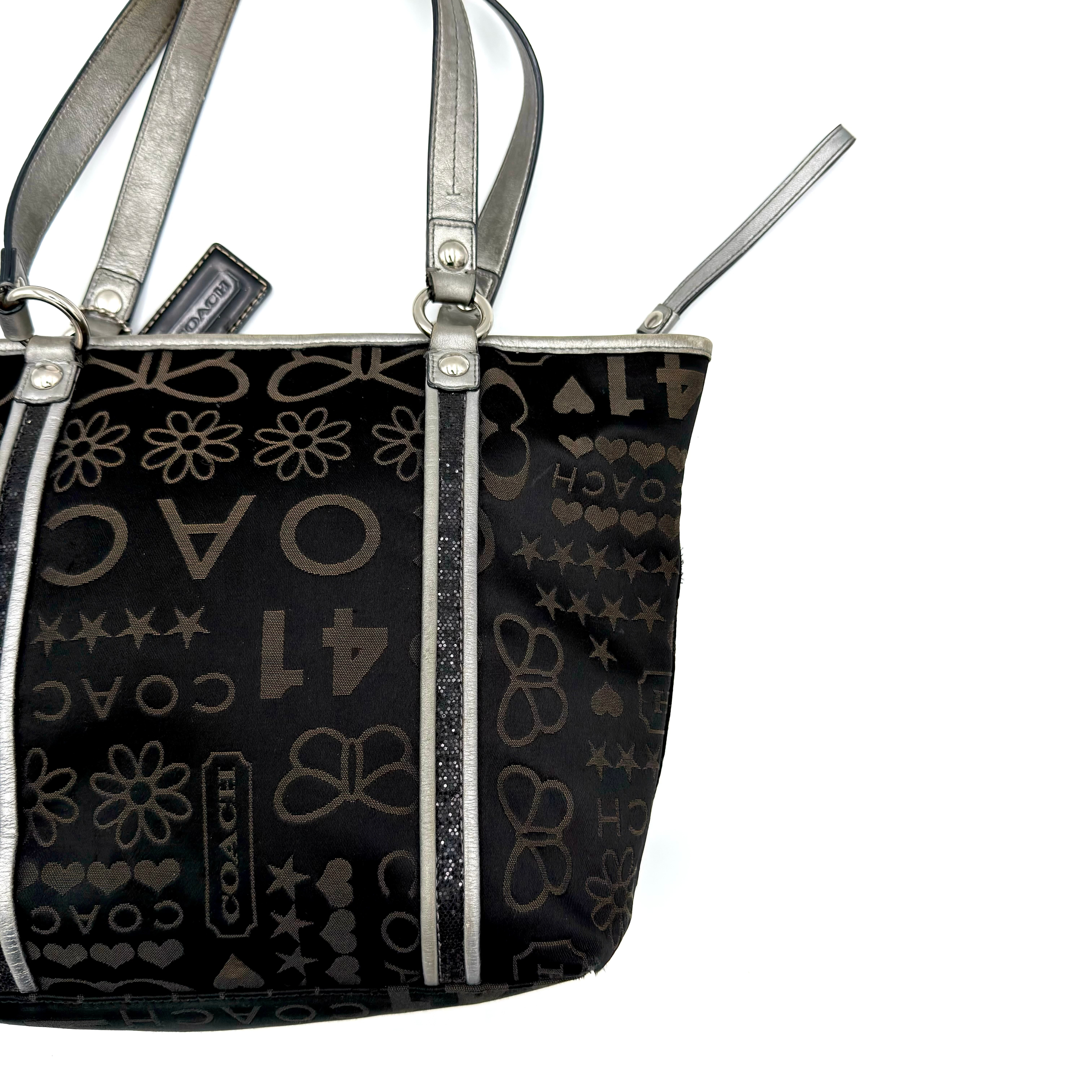 Coach Poppy Bandana Glitter Graffiti Tote Bag Black