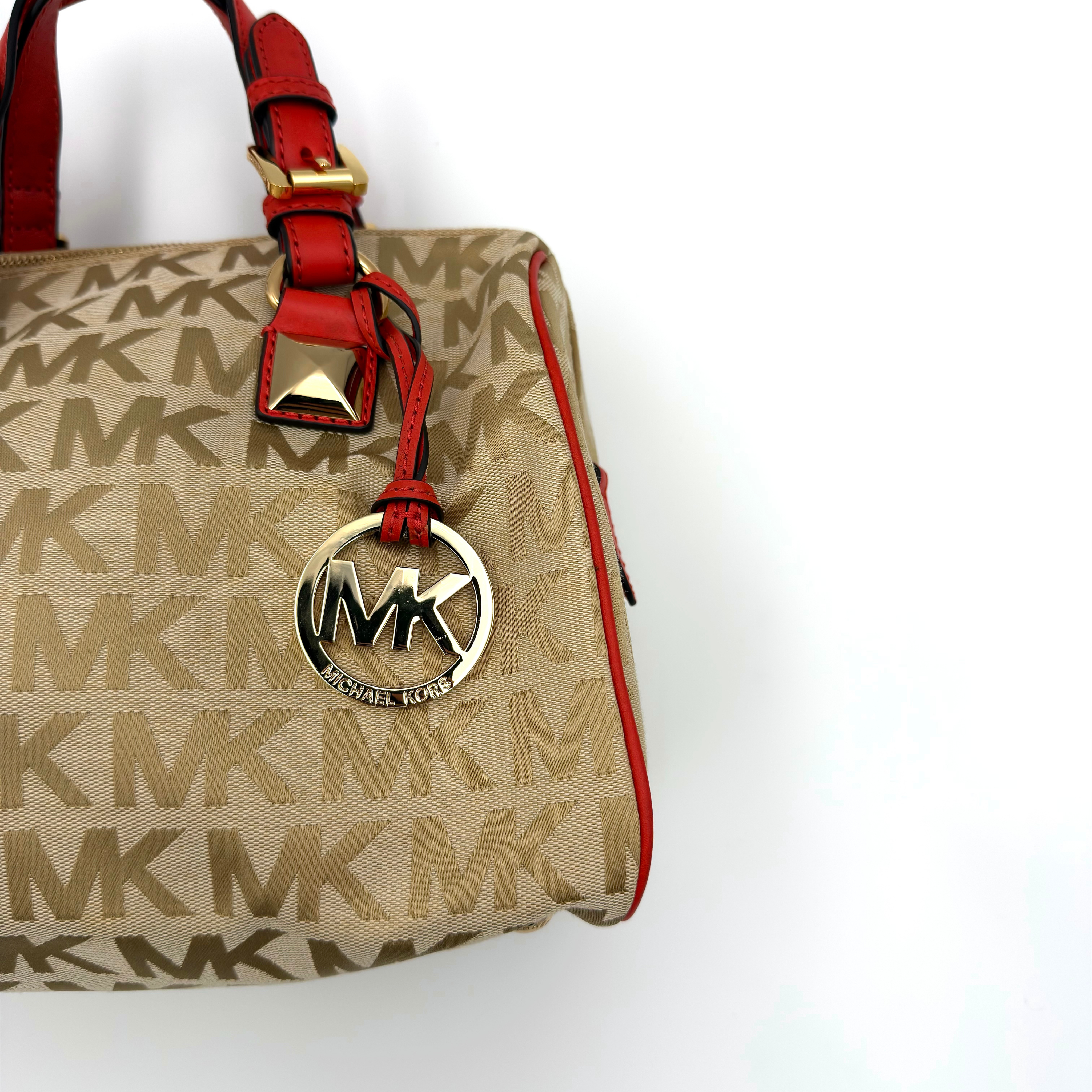 Michael Kors Grayson Monogram Satchel Handbag Beige/Red