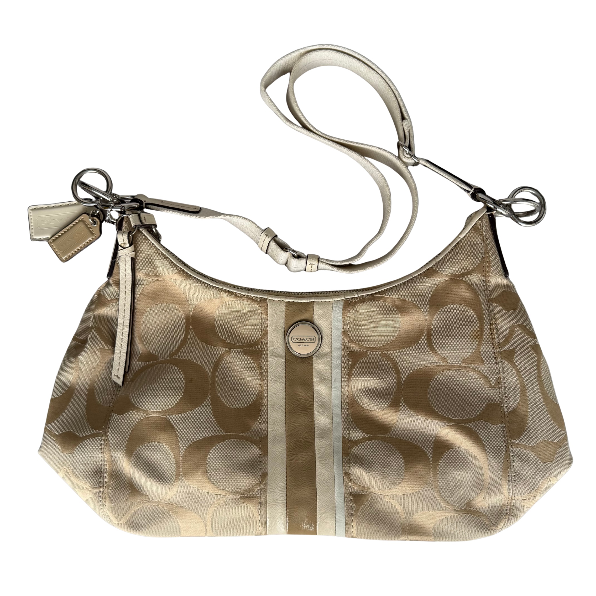 Coach Signature Stripe Convertible Hobo Bag Beige