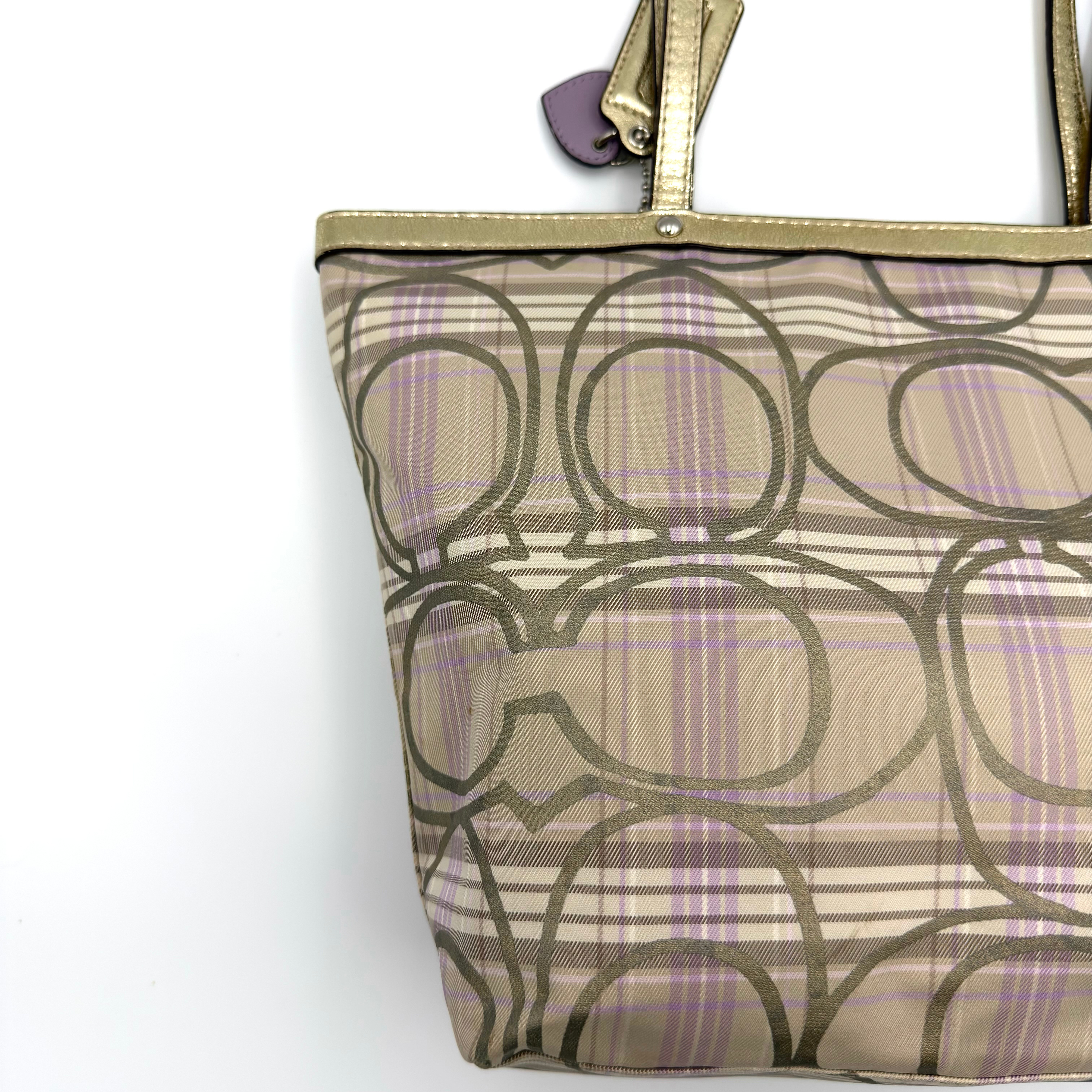 Coach Signature Plaid Tartan Tote Bag Purple/Gold