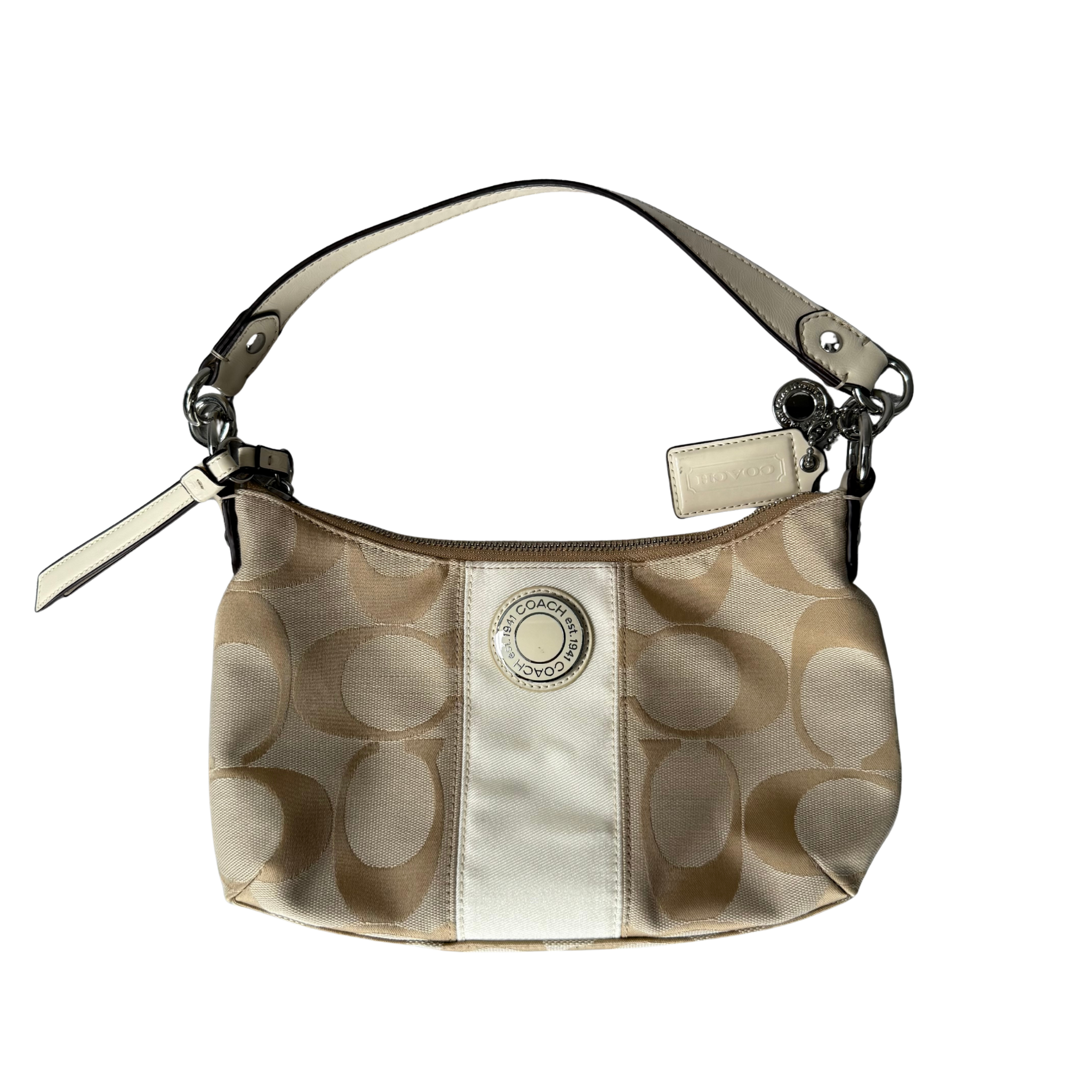 Coach 2Way Signature Stripe Shoulder Bag Beige/White
