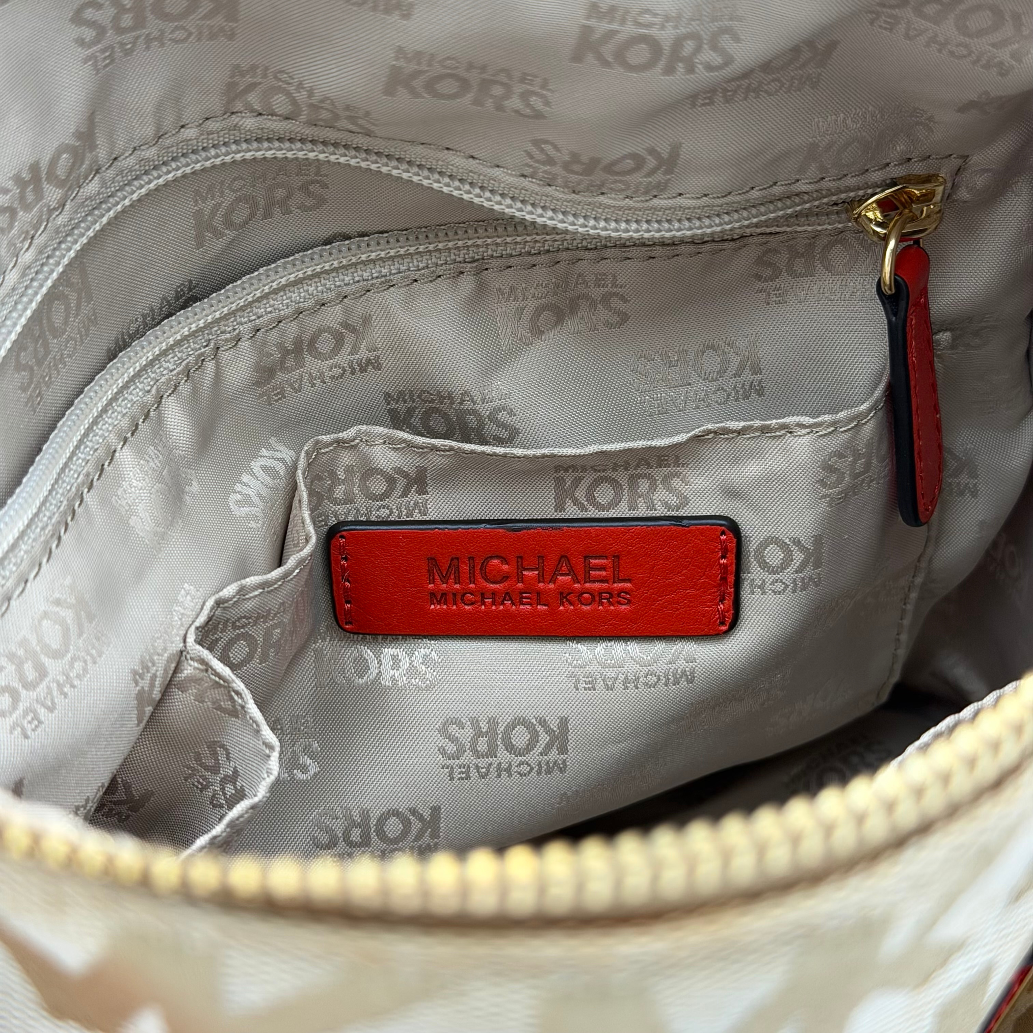 Michael Kors Grayson Monogram Satchel Handbag Beige/Red