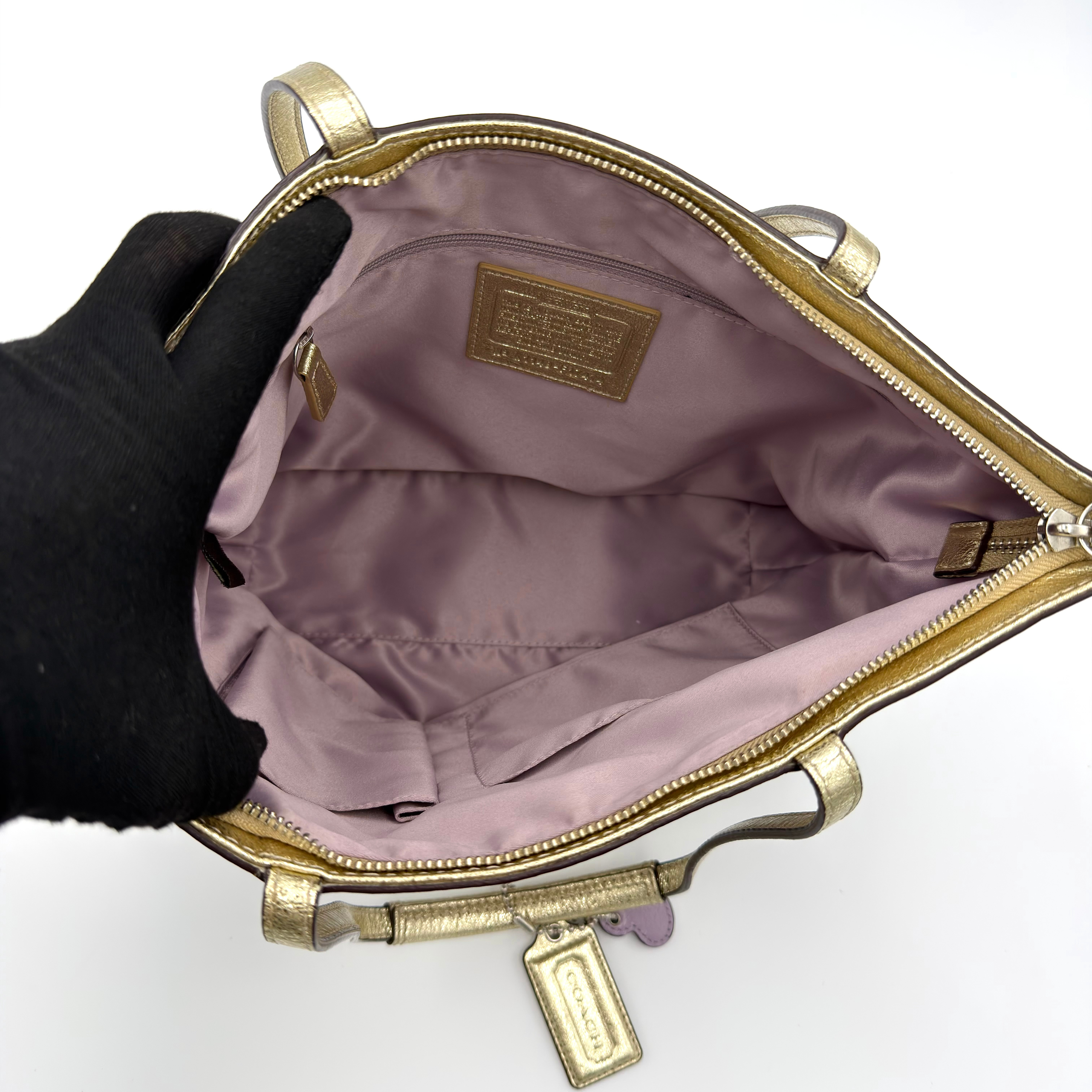 Coach Signature Plaid Tartan Tote Bag Purple/Gold